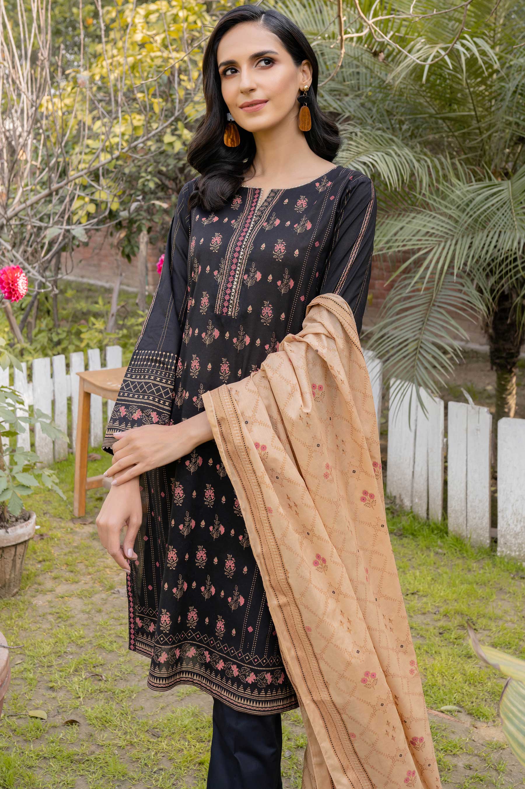 Stitched 3 Piece Printed Gold & White Paste Lawn Suit with Printed Gold & White Paste Dupatta - Image 4