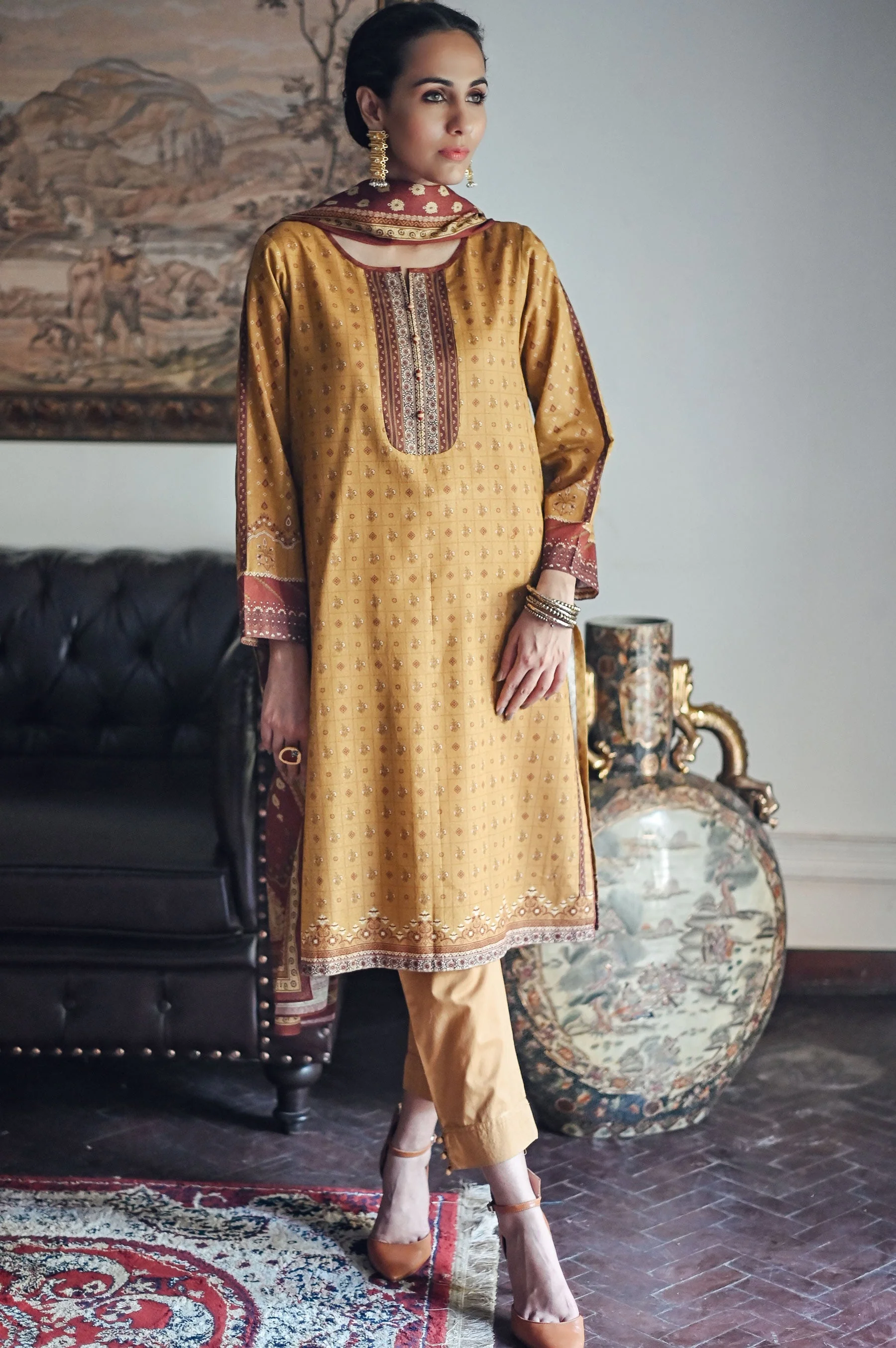 Stitched 3 Piece Printed Karandi Suit