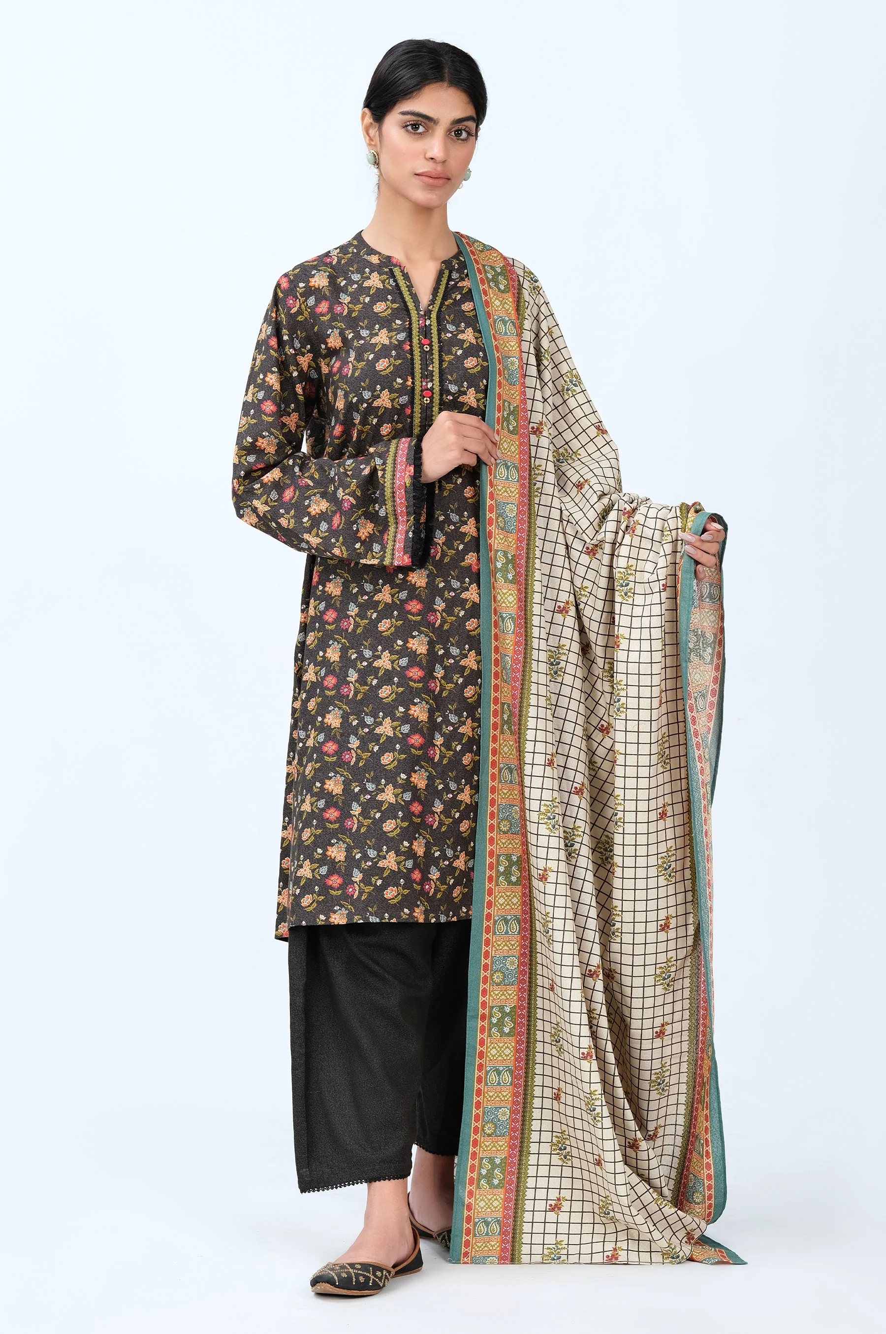 Stitched 3 Piece Printed Karandi Suit - Image 2