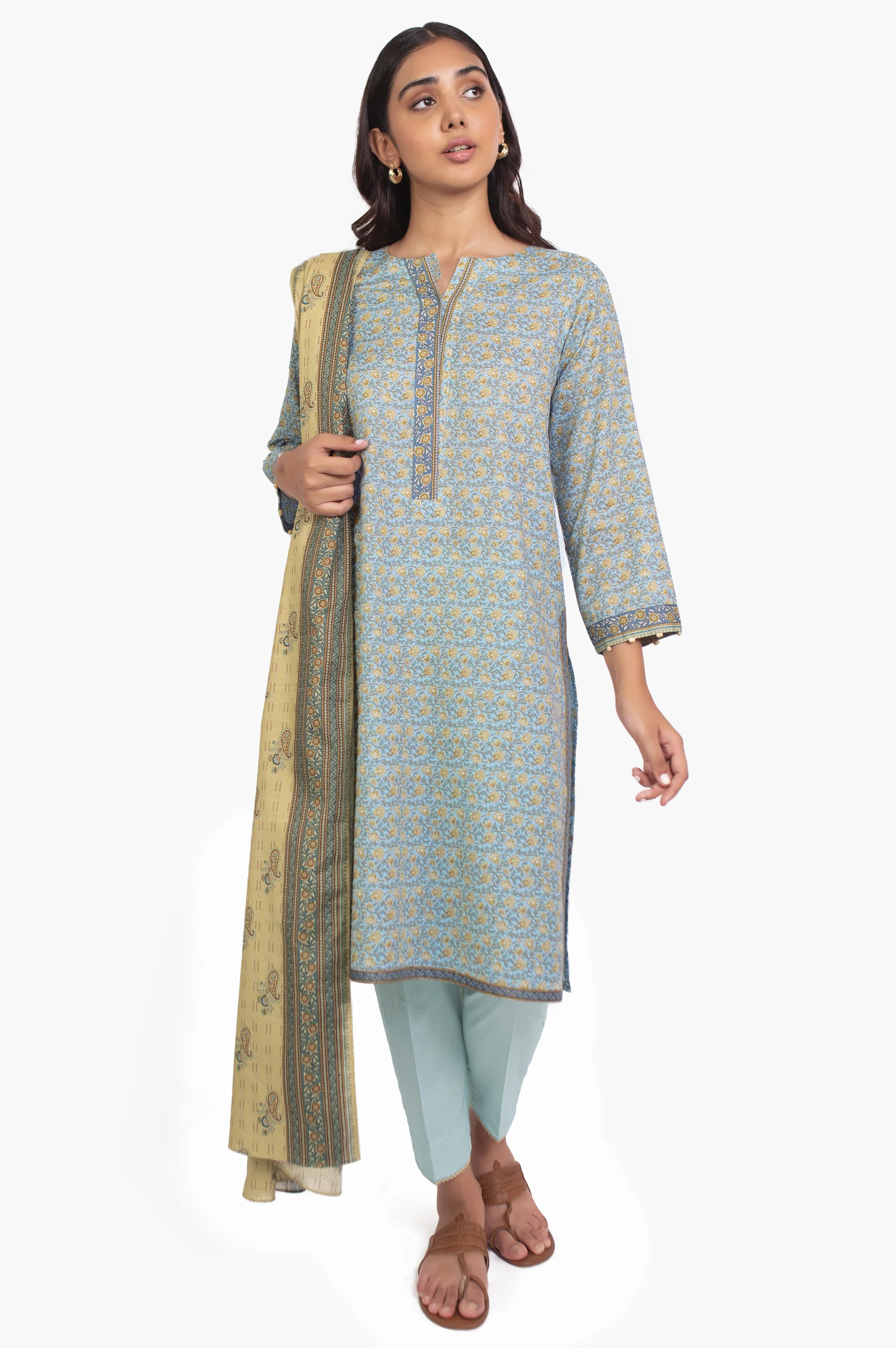 Stitched 3 Piece Printed Karandi Suit - Image 5