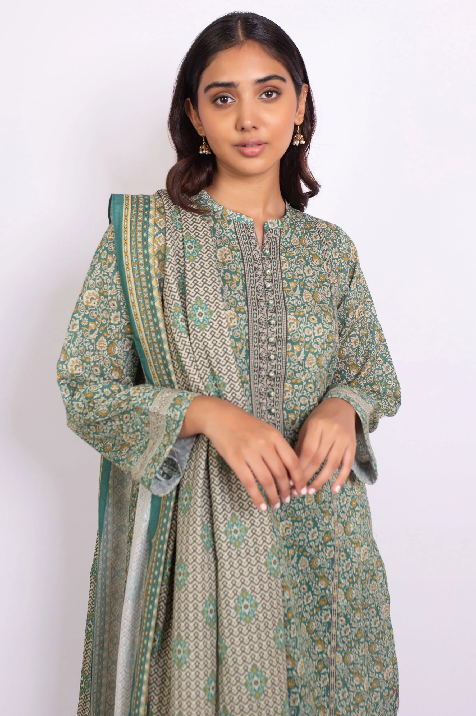 Stitched 3 Piece Printed Karandi Suit