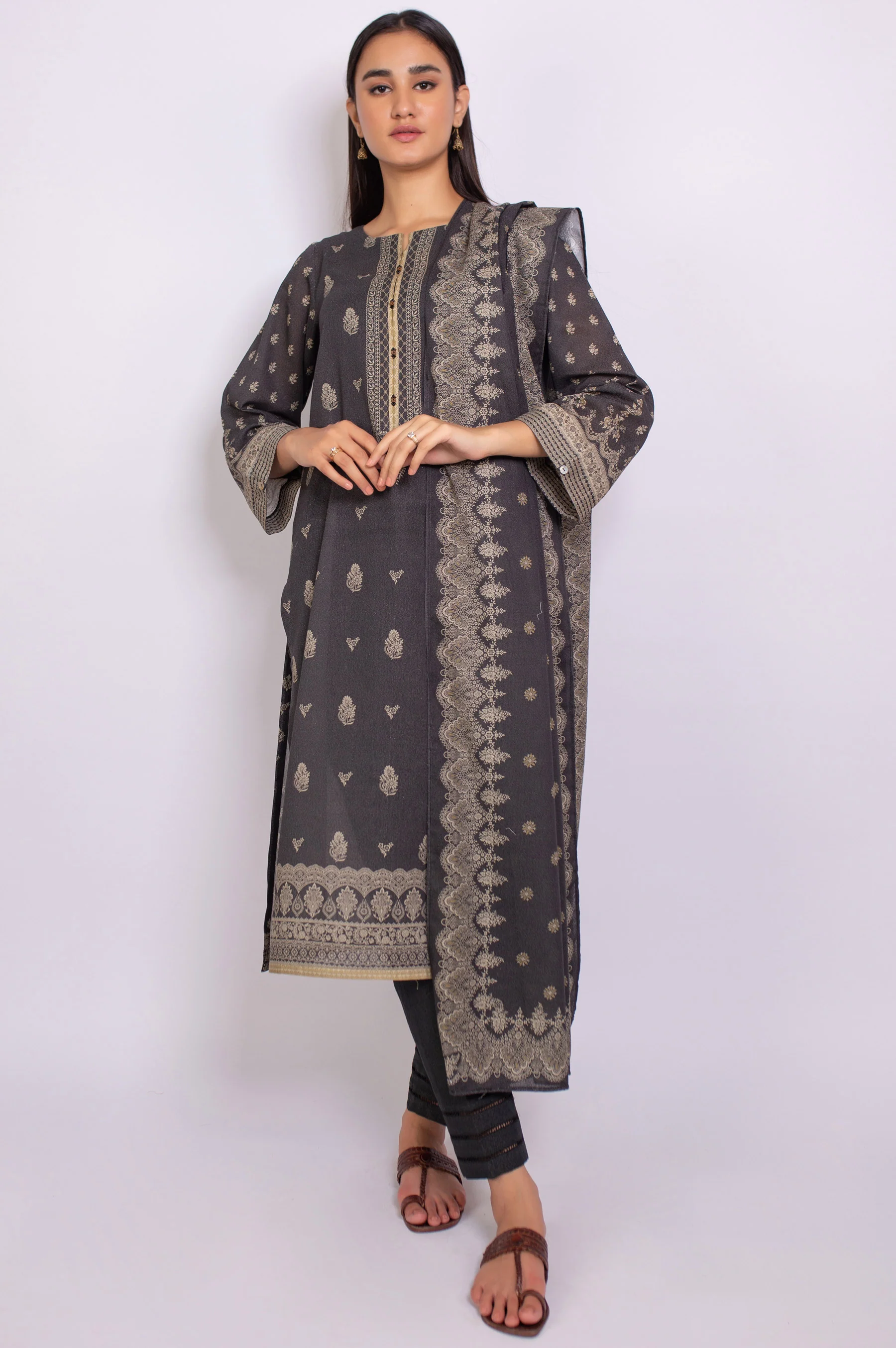 Stitched 3 Piece Printed Karandi Suit