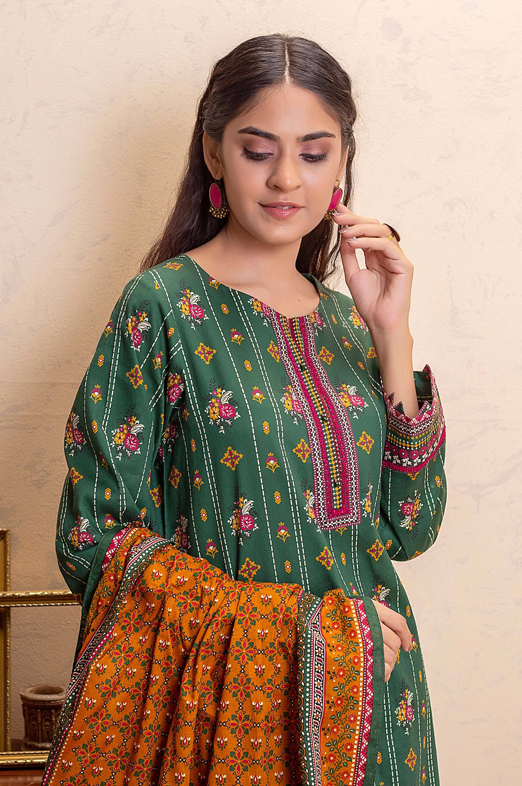 Stitched 3 Piece Printed Khaddar Suit - Image 4