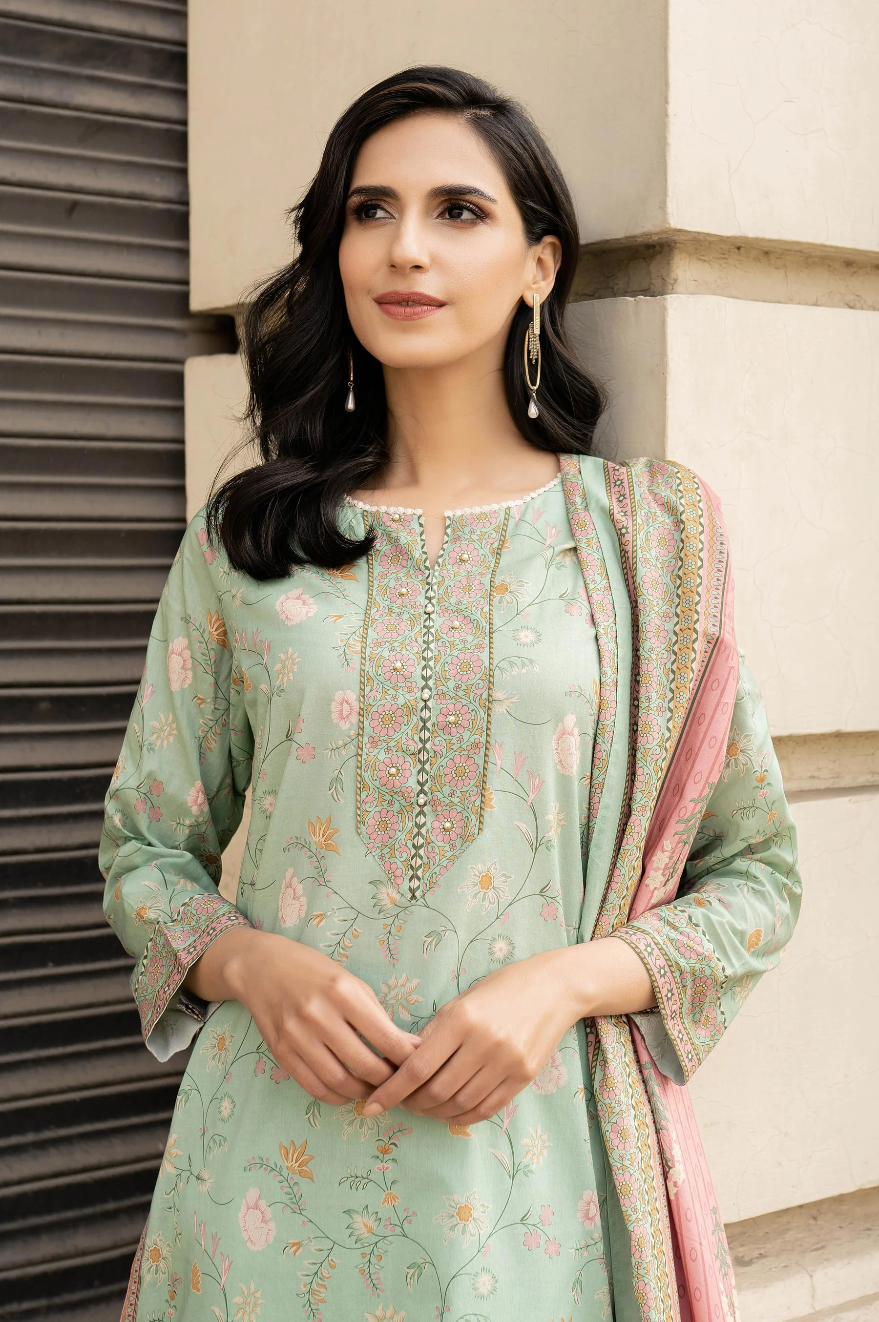 Stitched 3 Piece Printed Lawn Suit with Printed Lawn Dupatta - Image 3