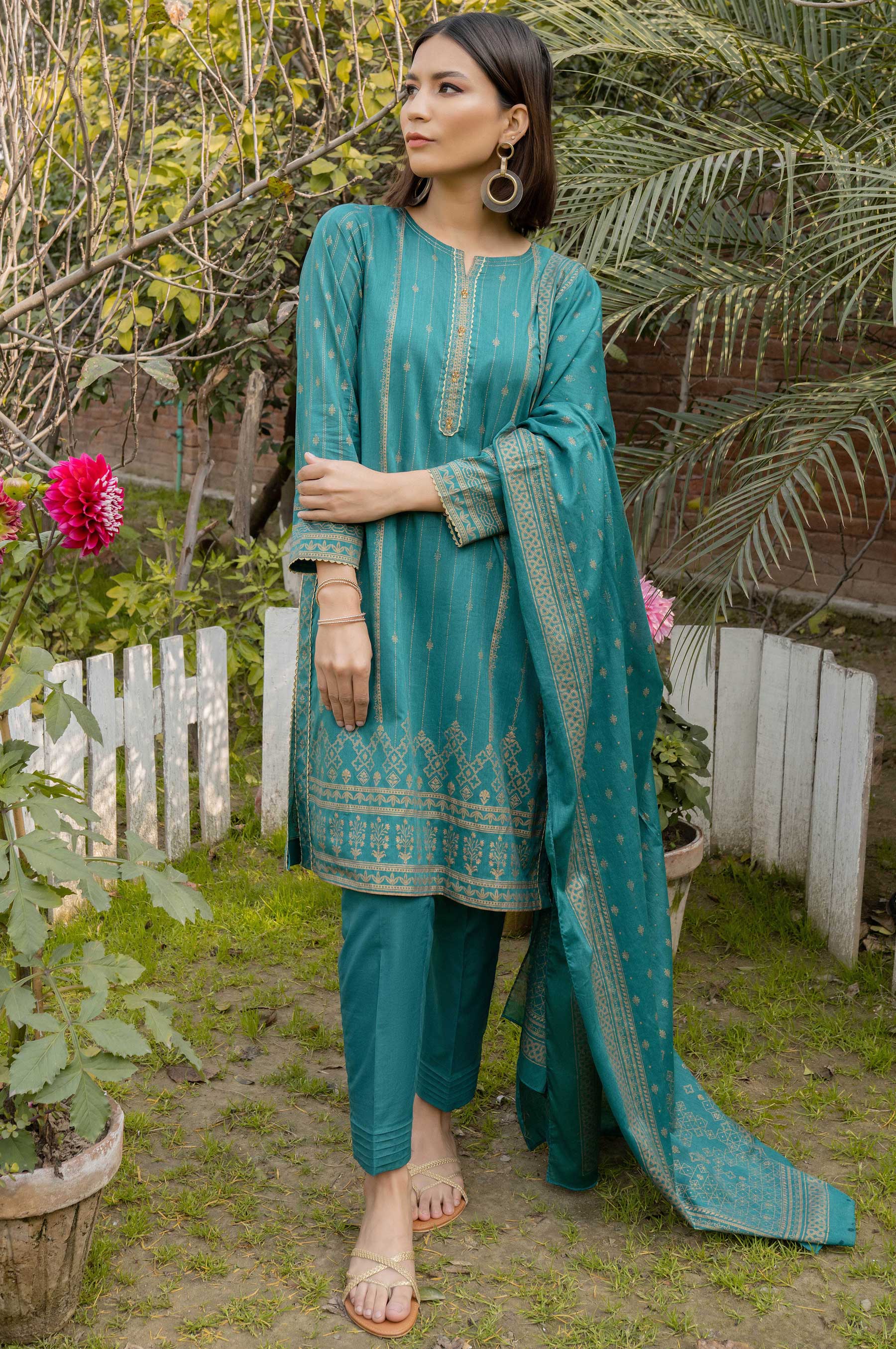 Stitched 3 Piece Printed Gold Paste Lawn Suit with Printed Gold Paste Lawn Dupatta - Image 4