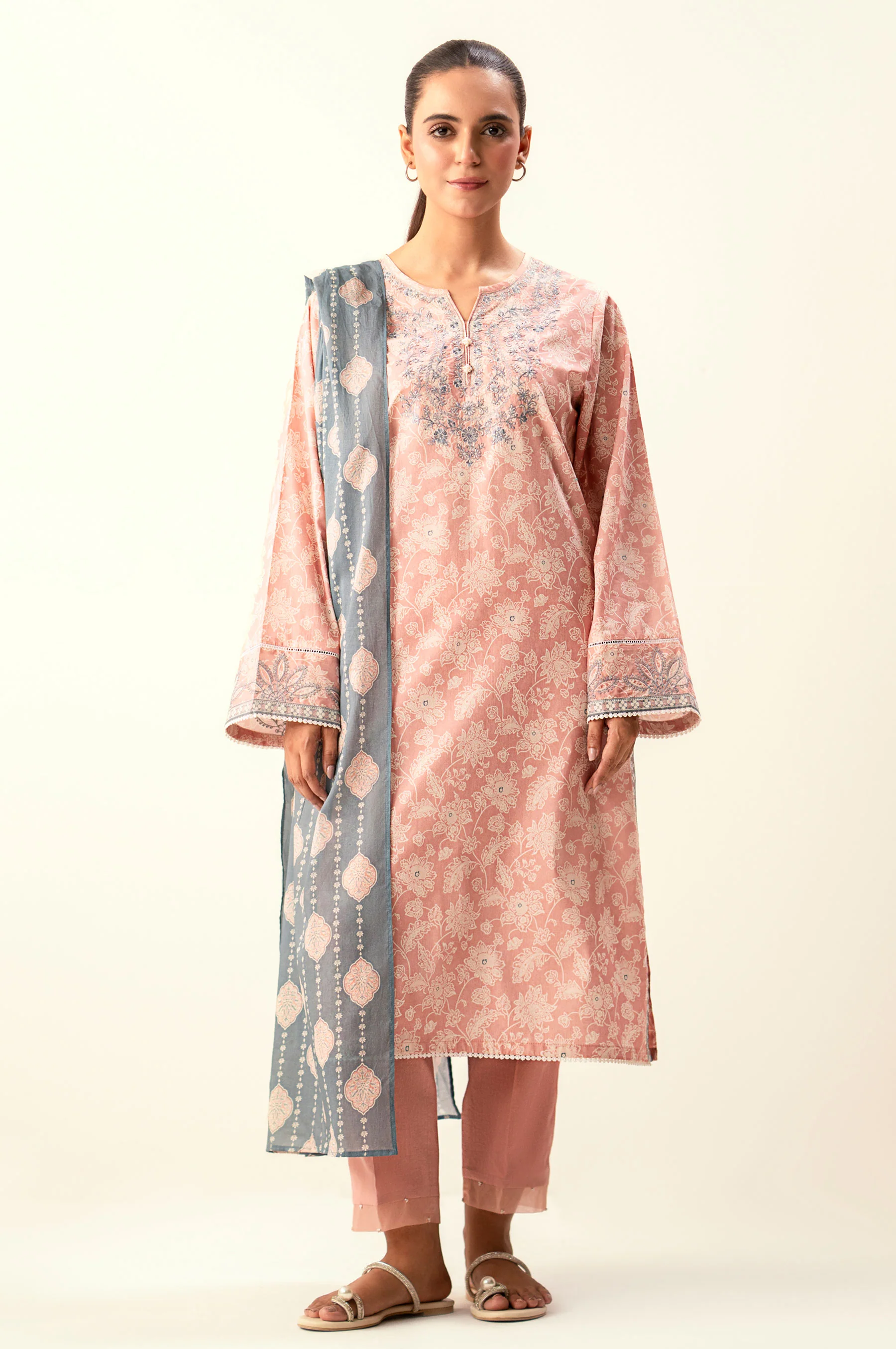 Stitched 3 Piece Embroidered Lawn Suit with Dyed Cambric Bottom