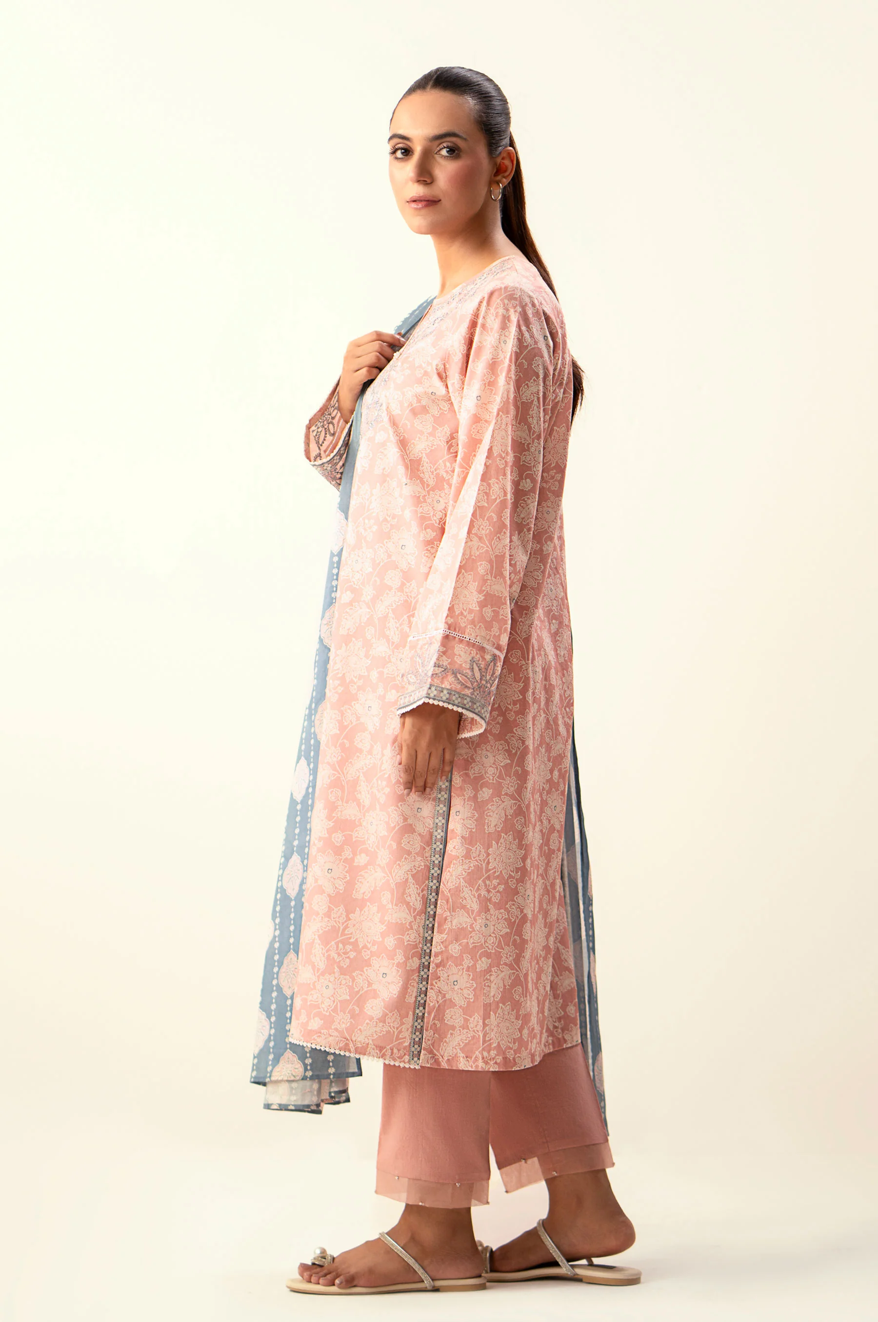 Stitched 3 Piece Embroidered Lawn Suit with Dyed Cambric Bottom - Image 4