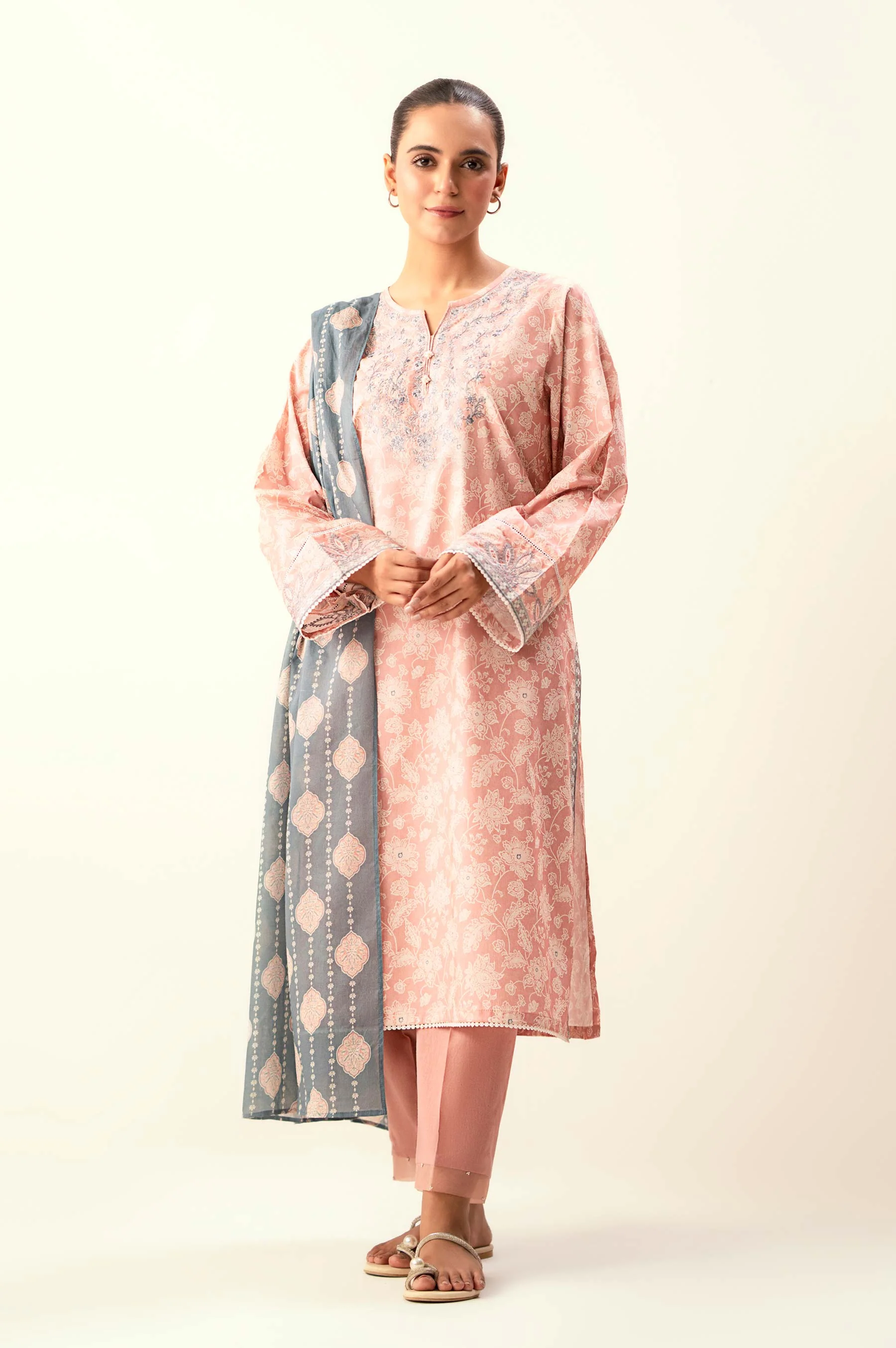 Stitched 3 Piece Embroidered Lawn Suit with Dyed Cambric Bottom - Image 5