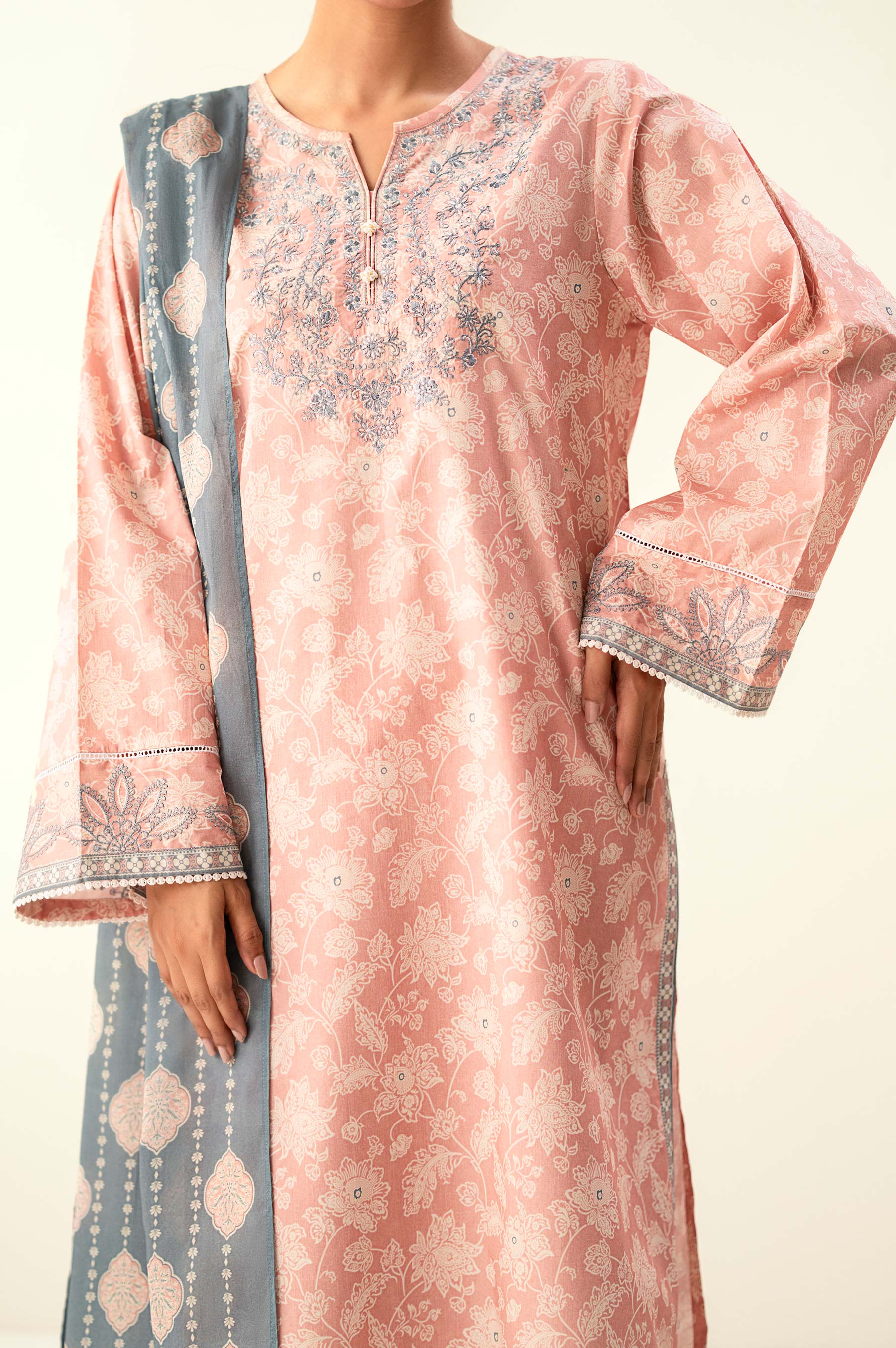 Stitched 3 Piece Embroidered Lawn Suit with Dyed Cambric Bottom - Image 6