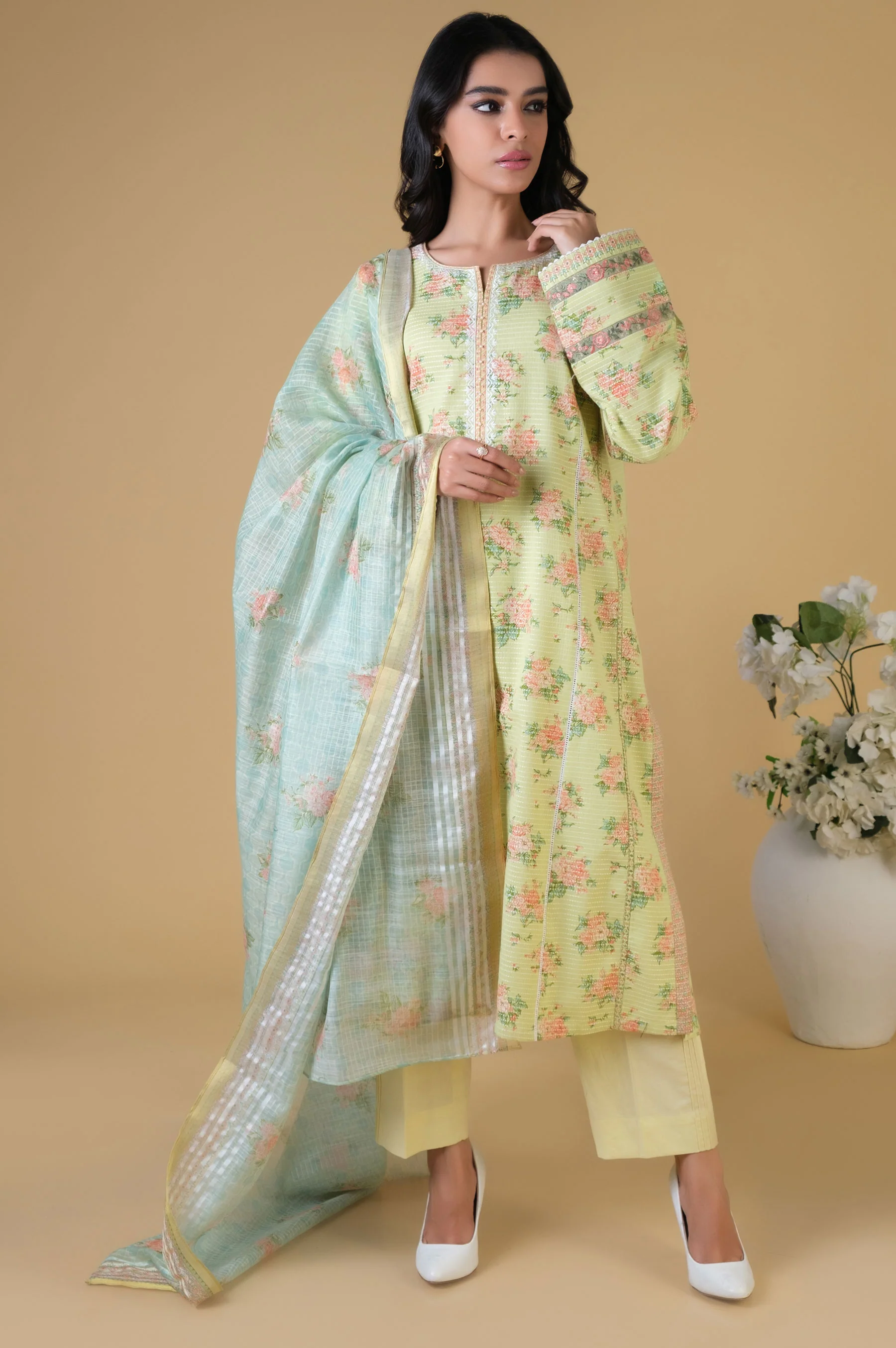 Stitched 3 Piece Printed Dobby Lawn Suit - Image 2