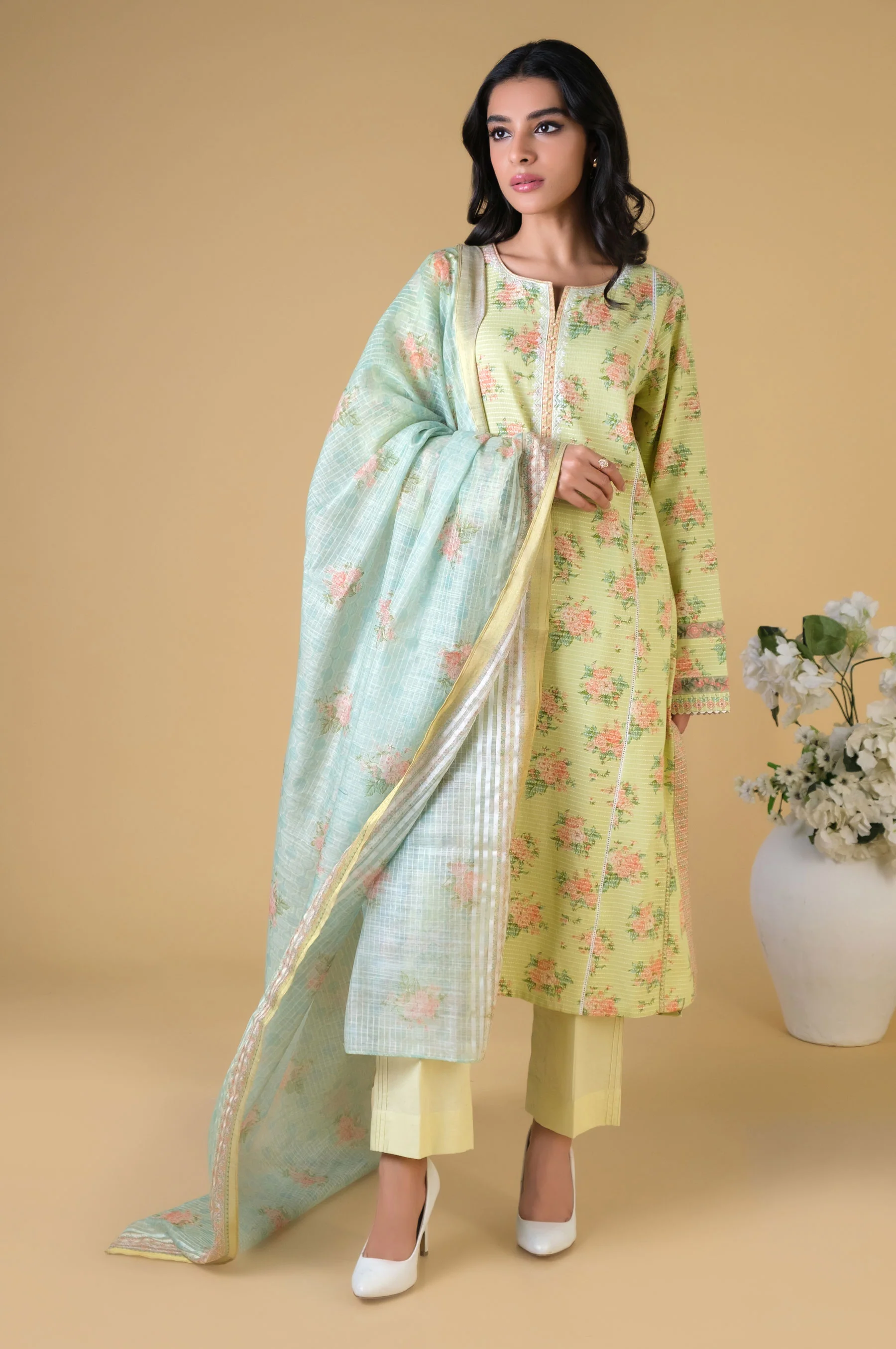 Stitched 3 Piece Printed Dobby Lawn Suit - Image 3