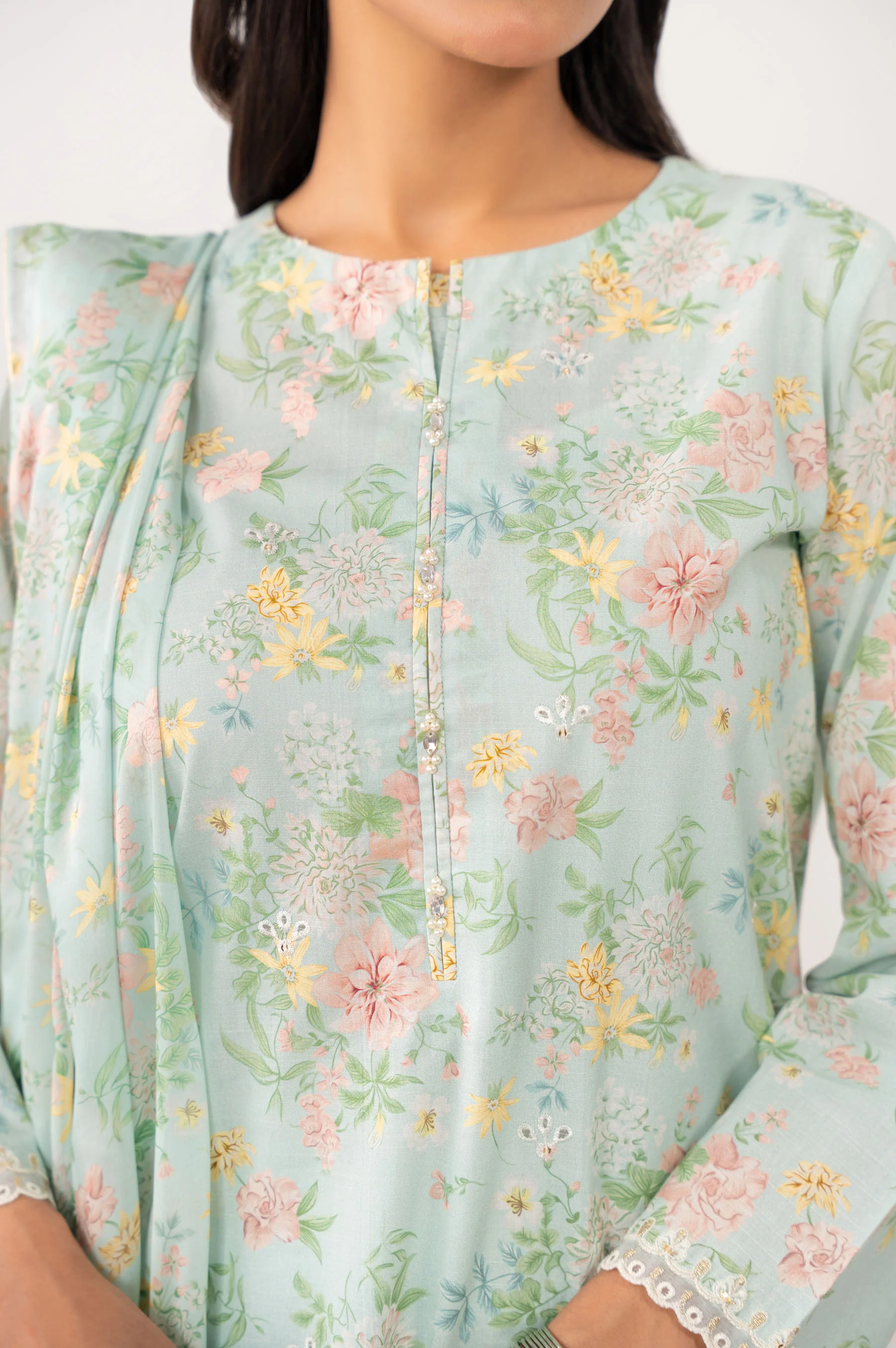 STITCHED EMBROIDERED SLUB LAWN SUIT - Image 2