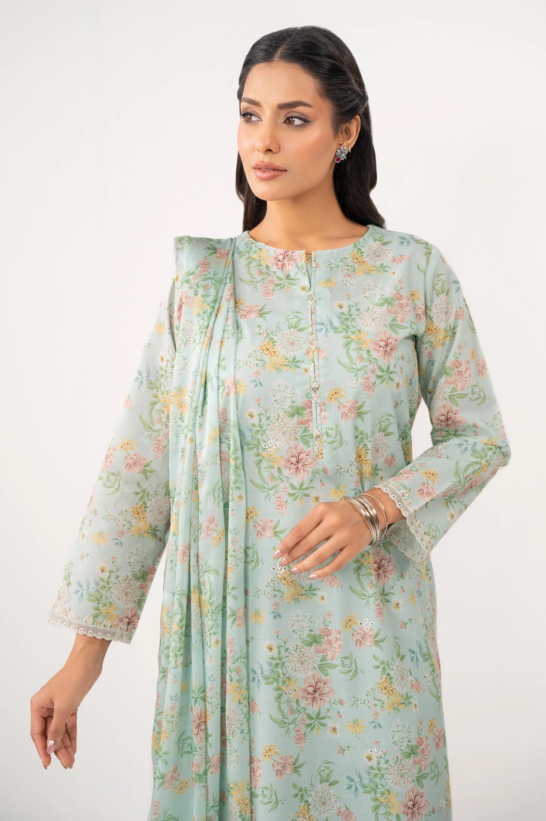 STITCHED EMBROIDERED SLUB LAWN SUIT - Image 3