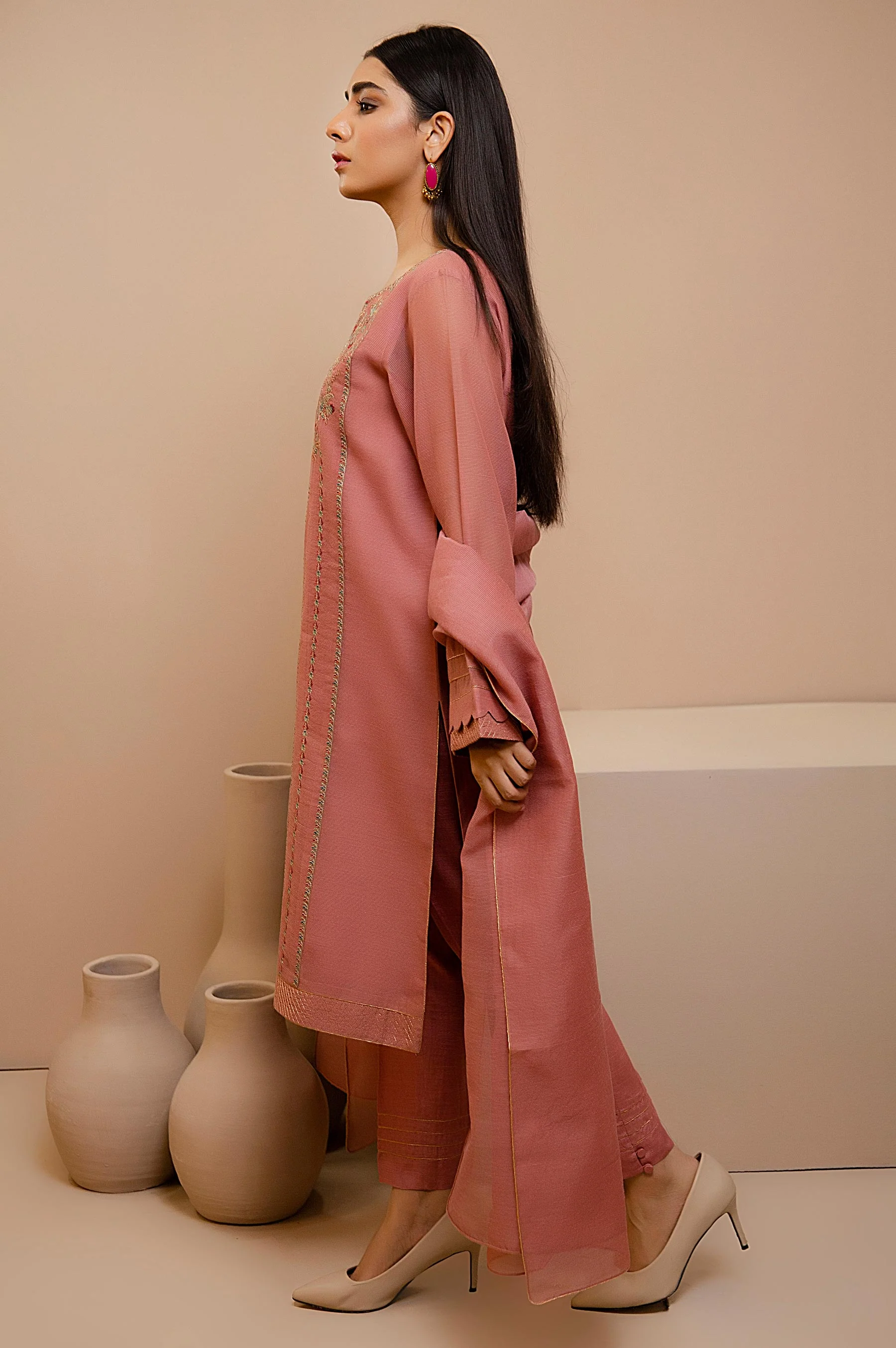 Stitched 3 Piece Check Organza Embroidered Suit - Image 2