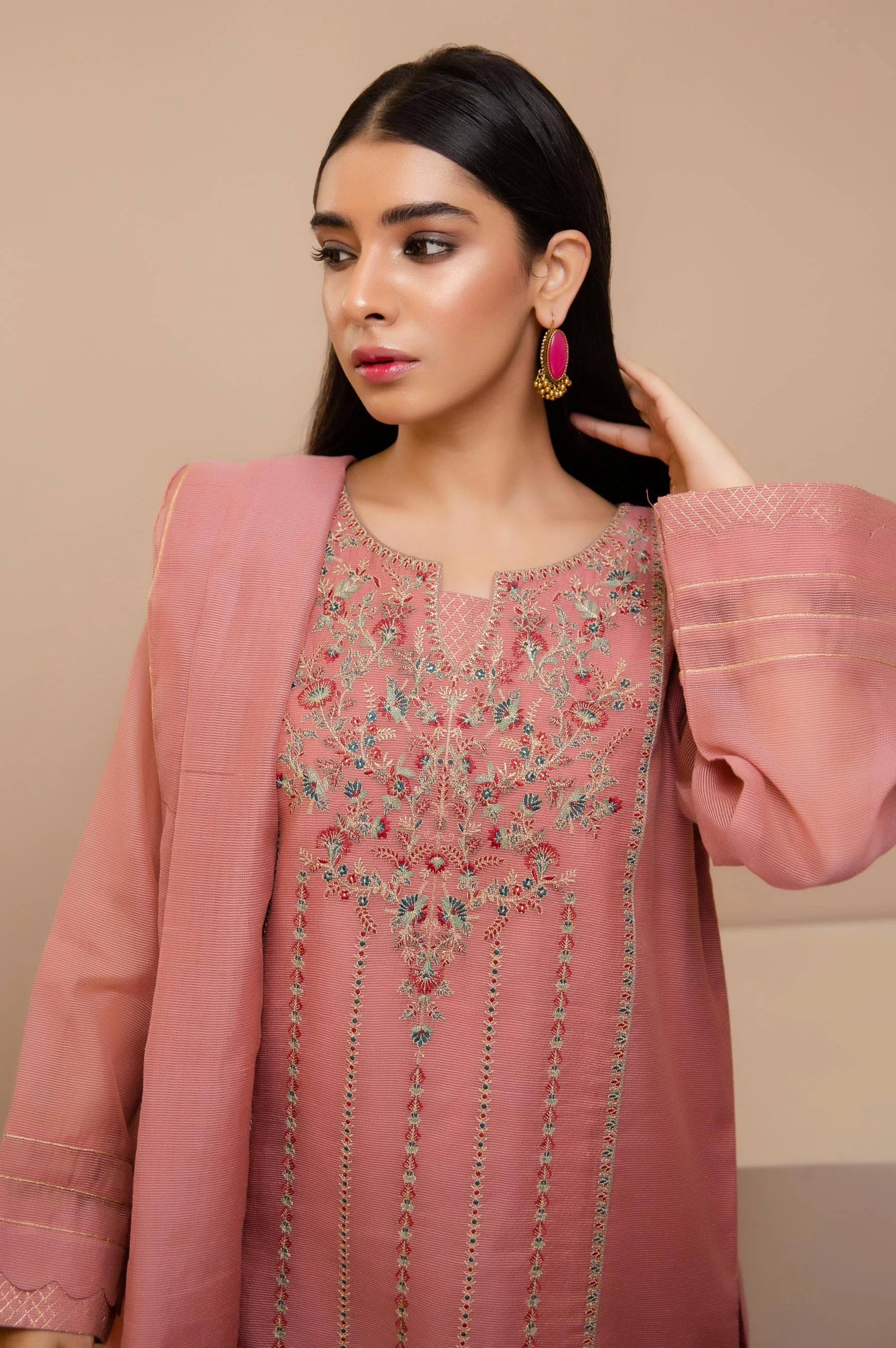 Stitched 3 Piece Check Organza Embroidered Suit - Image 3