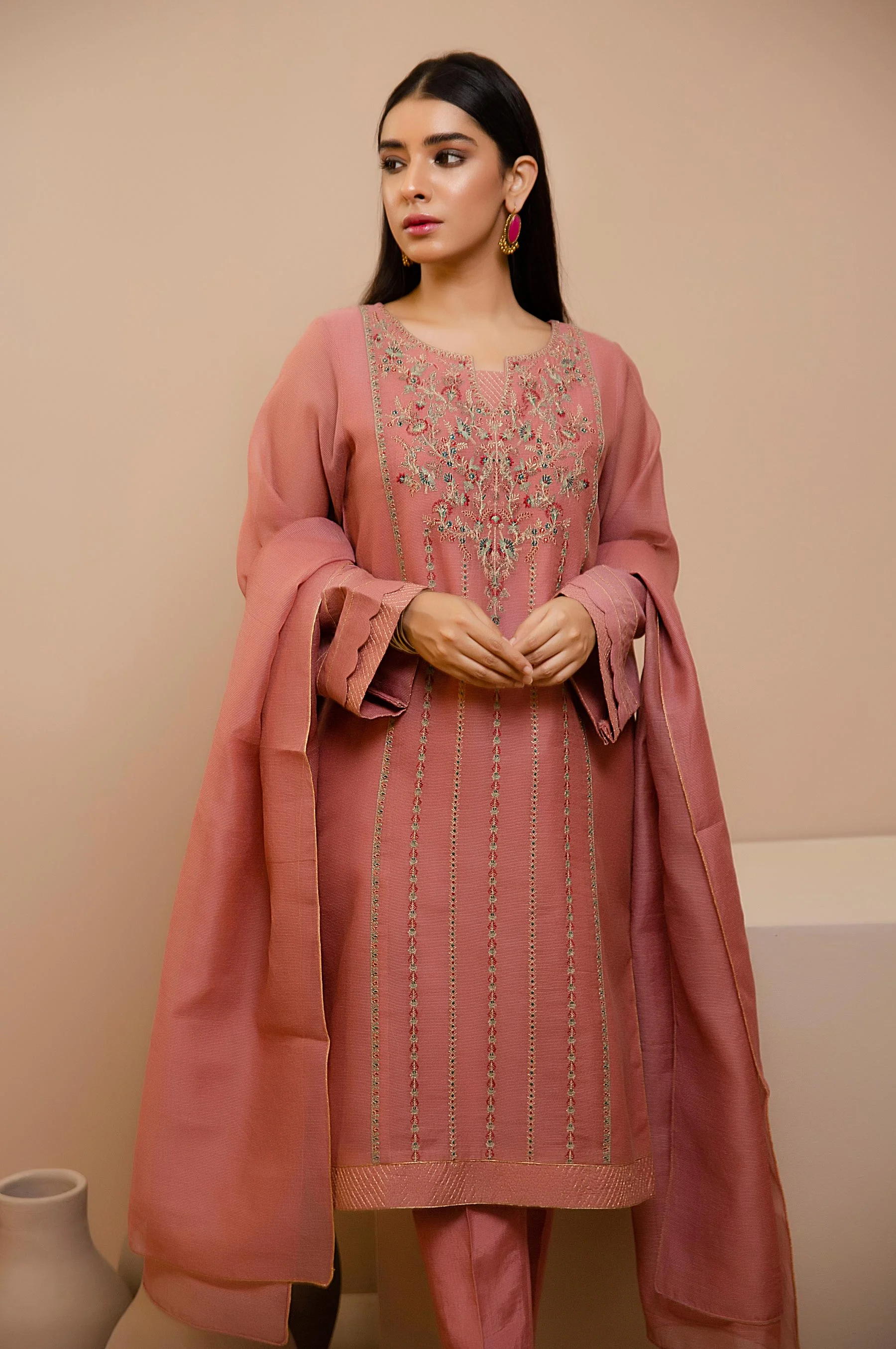 Stitched 3 Piece Check Organza Embroidered Suit - Image 4