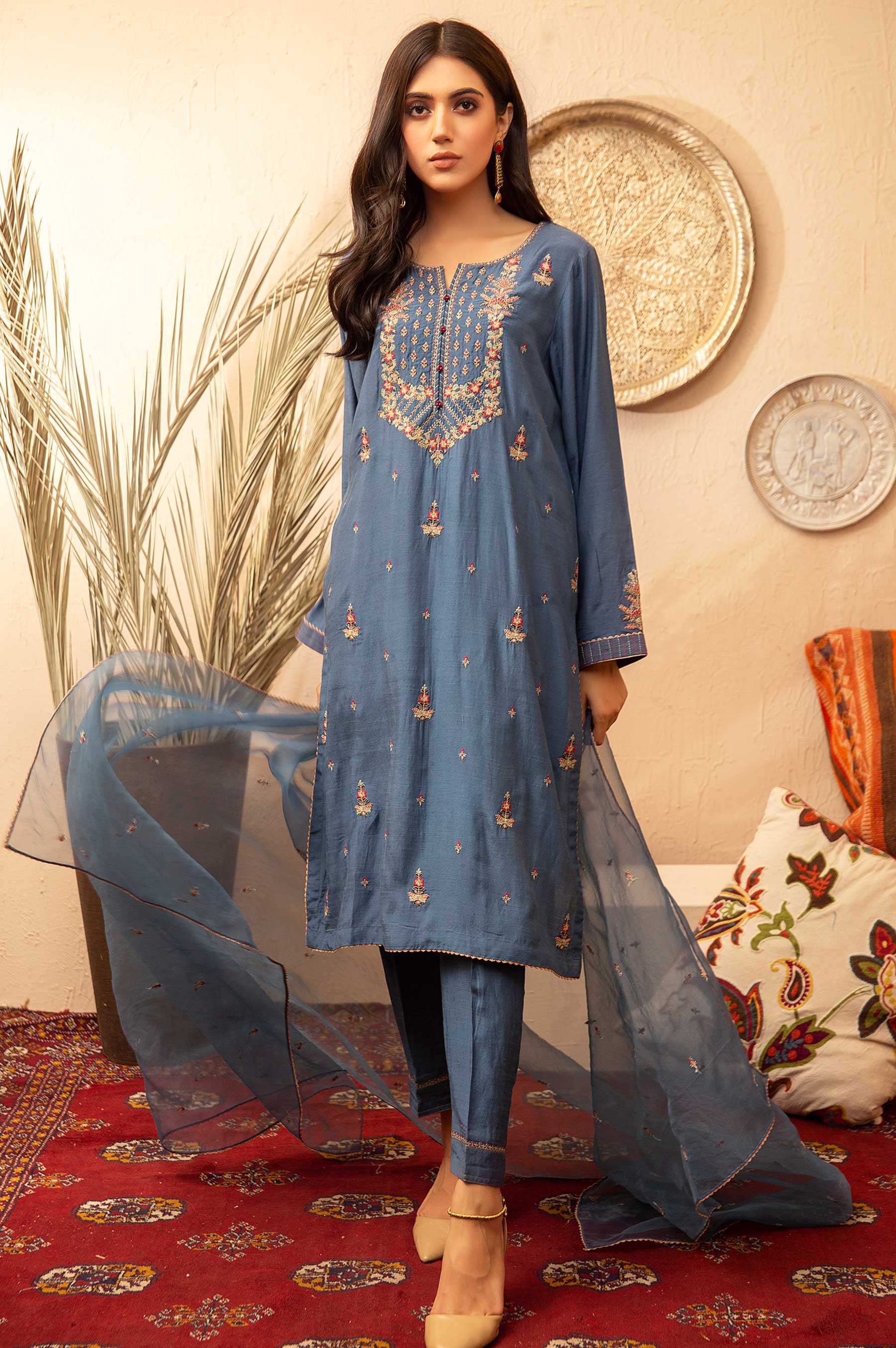 Stitched 3 Piece Raw Silk Embroidered Suit - Image 2