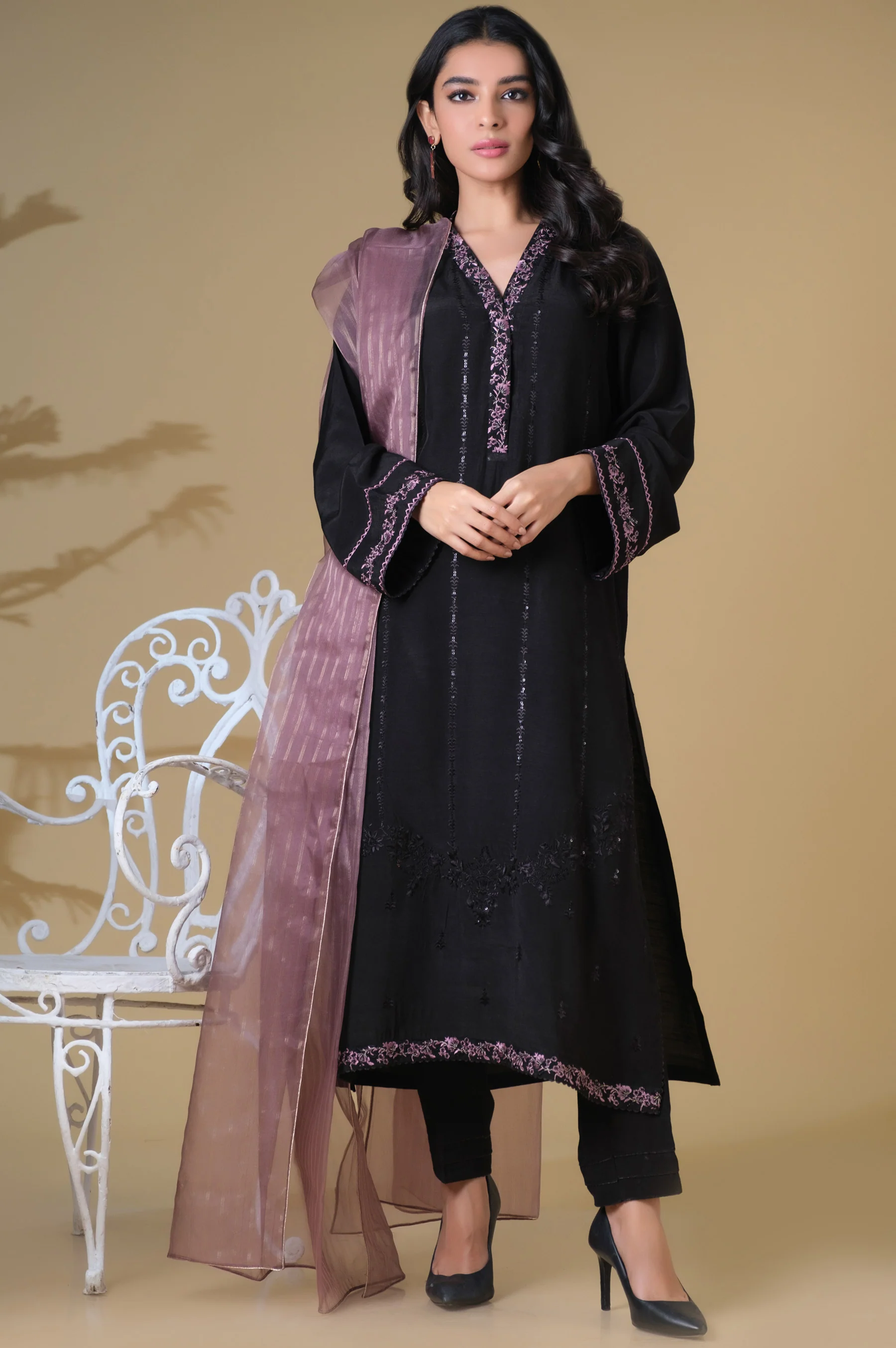 Stitched 3 Piece Raw Silk Embroidered Suit - Image 2