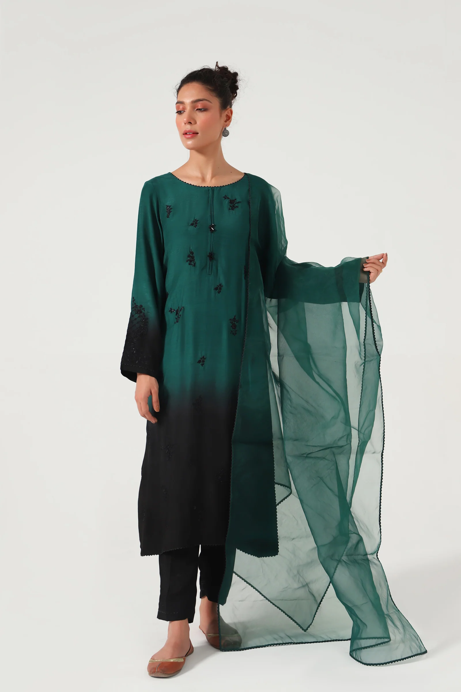 Stitched 3 Piece Embroidered Raw Silk Outfit - Image 3