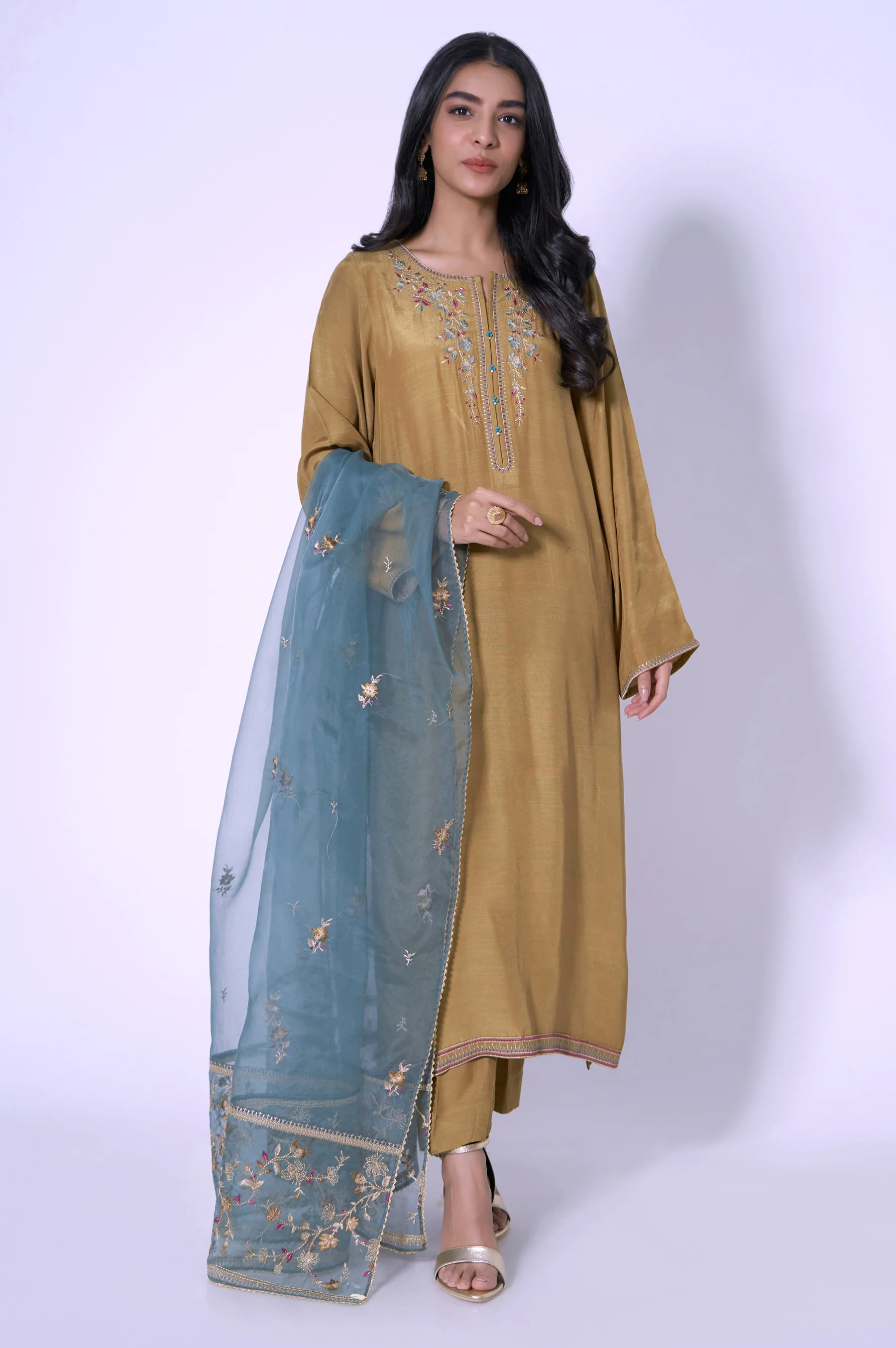 Stitched 3 Piece Embroidered Rawsilk Outfit - Image 4