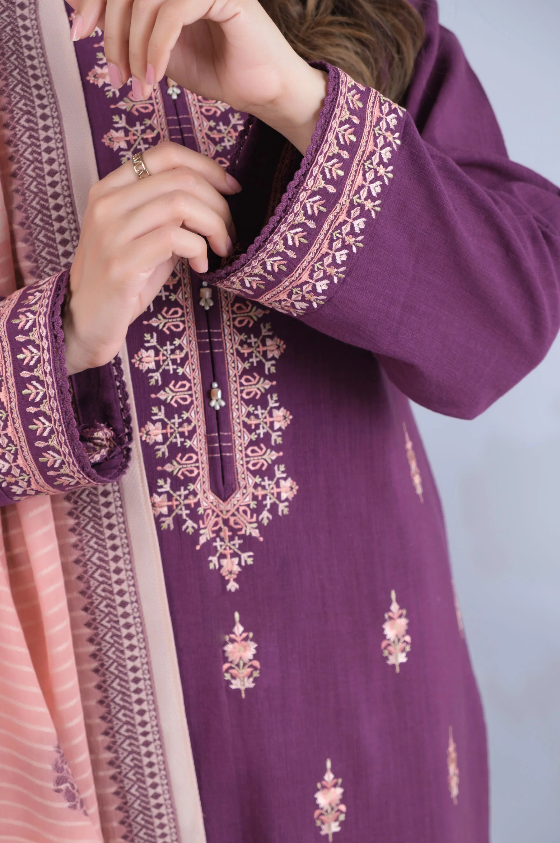 Stitched 3 Piece Embroidered Textured Slub Lawn - Image 3