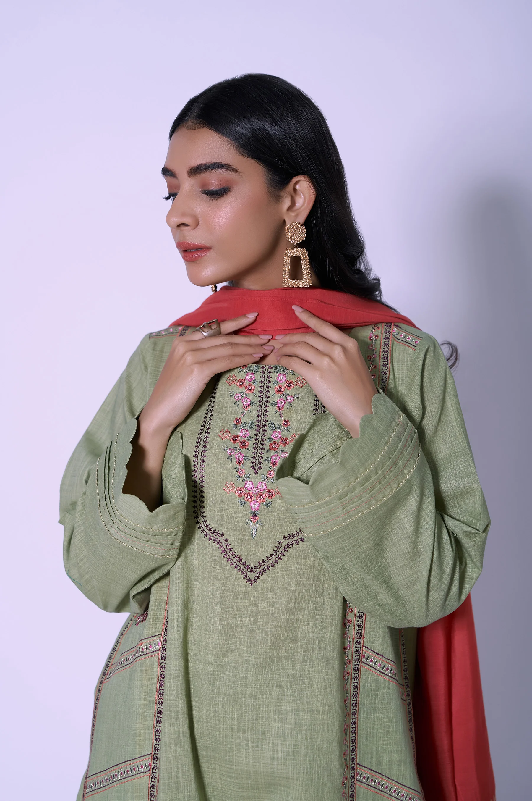 Stitched 3 Piece Slub Embroidered Suit - Image 2