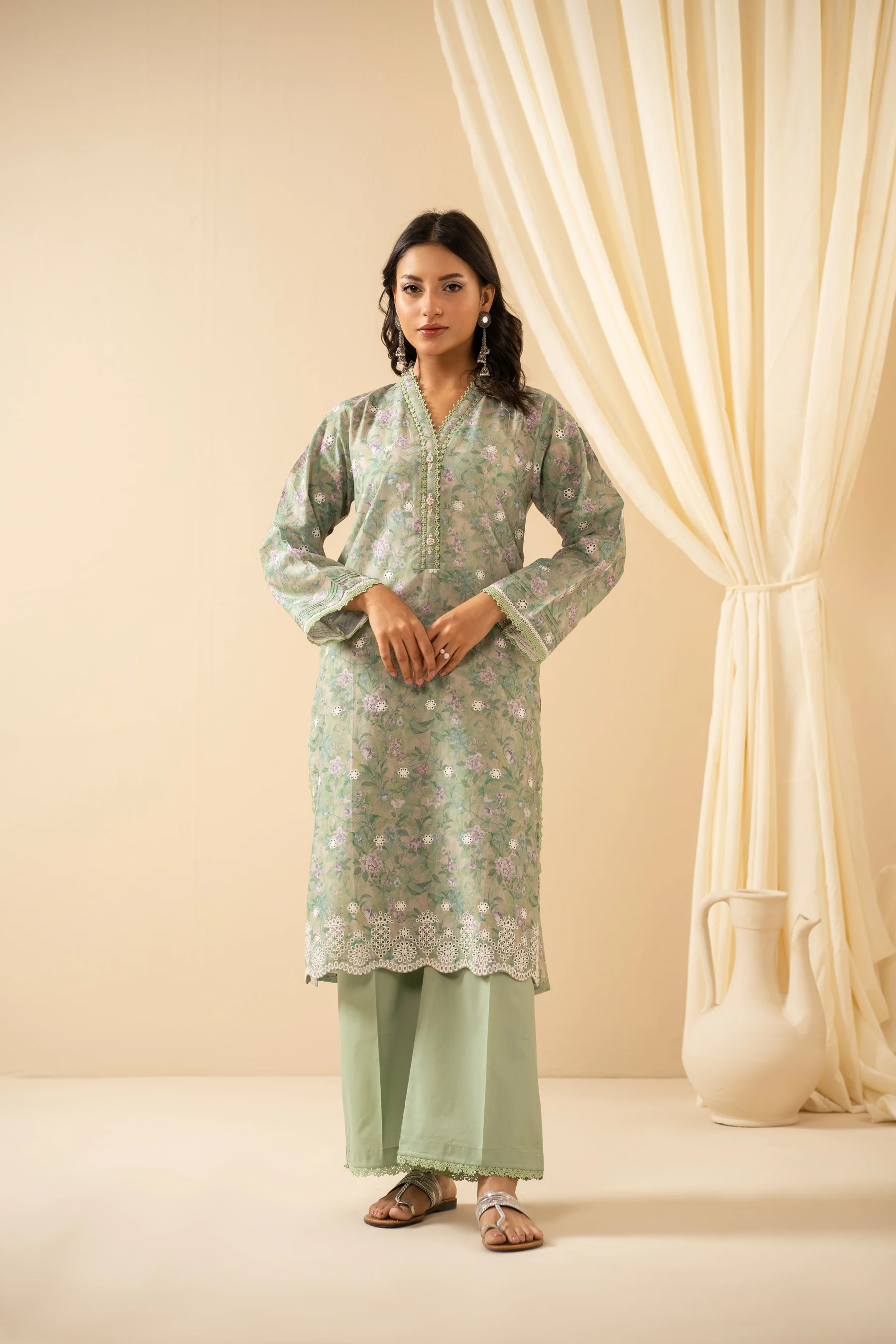 STITCHED EMBROIDERED CHIKANKARI LAWN SUIT - Image 7
