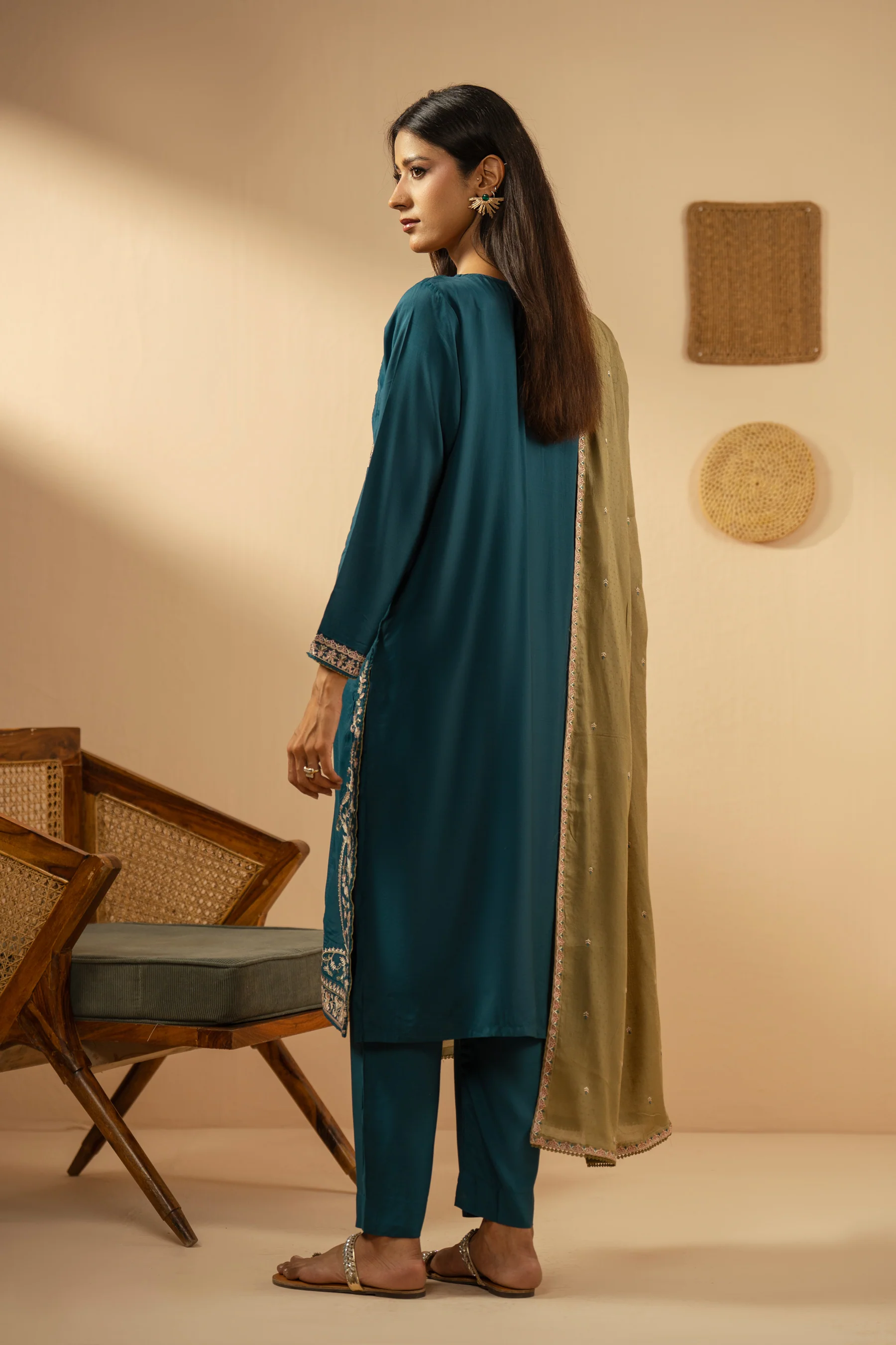 EMBROIDERED RAW SILK STITCHED 3 PIECE SUIT - Image 8