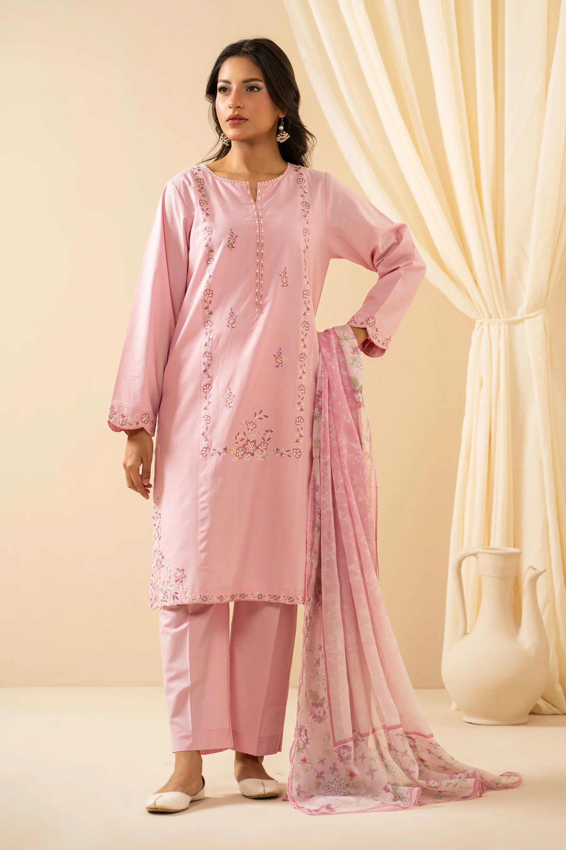 EMBROIDERED VISCOSE CREPE STITCHED 3 PIECE SUIT