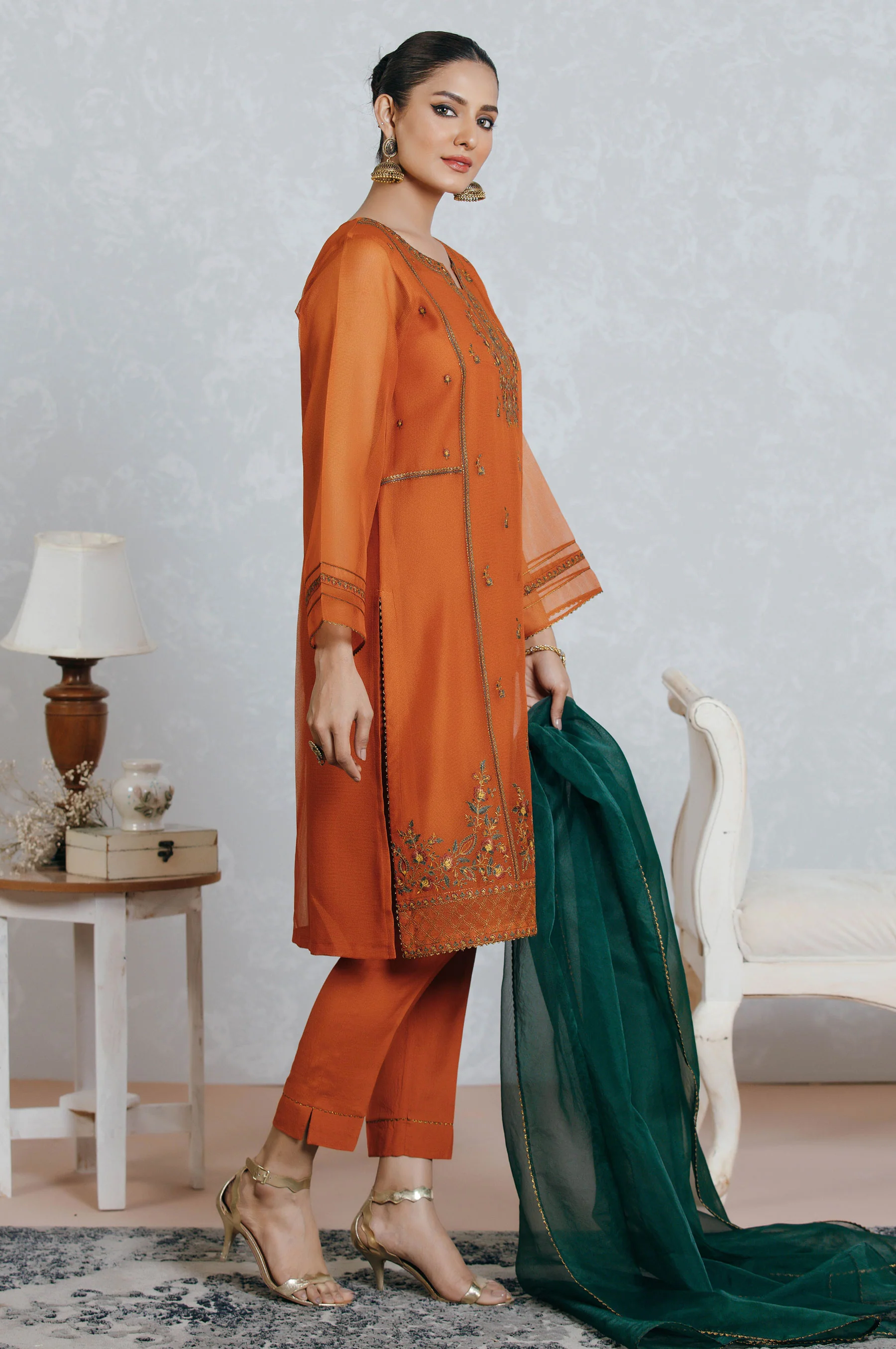 Stitched 3 Piece Organza Embroidered Suit - Image 2