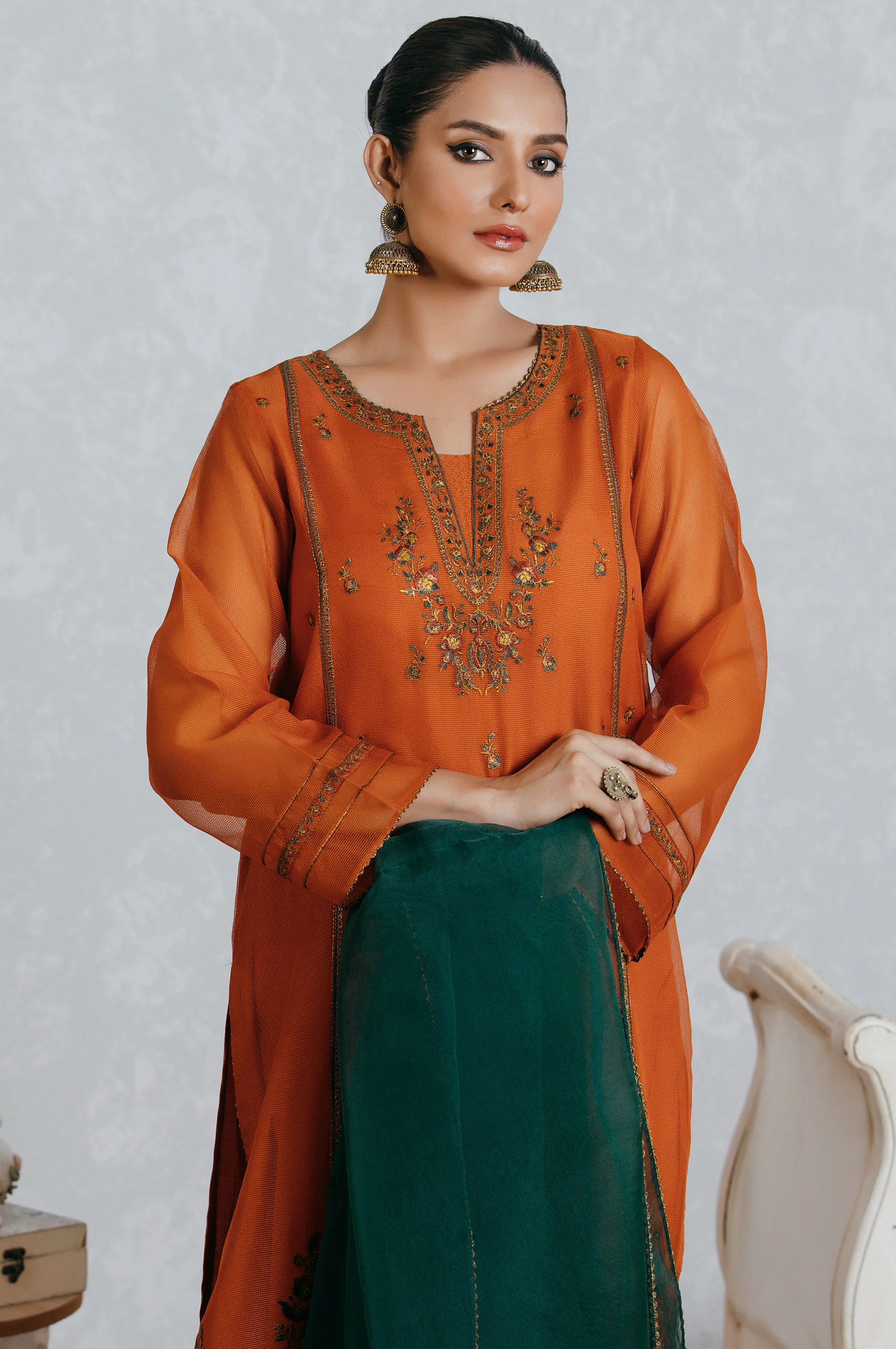 Stitched 3 Piece Organza Embroidered Suit - Image 5