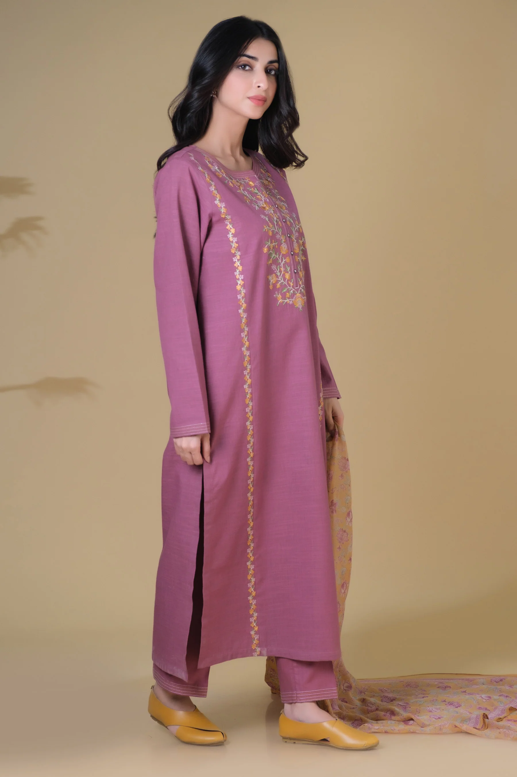 Stitched 3 Piece Embroidered Textured Slub Suit - Image 2