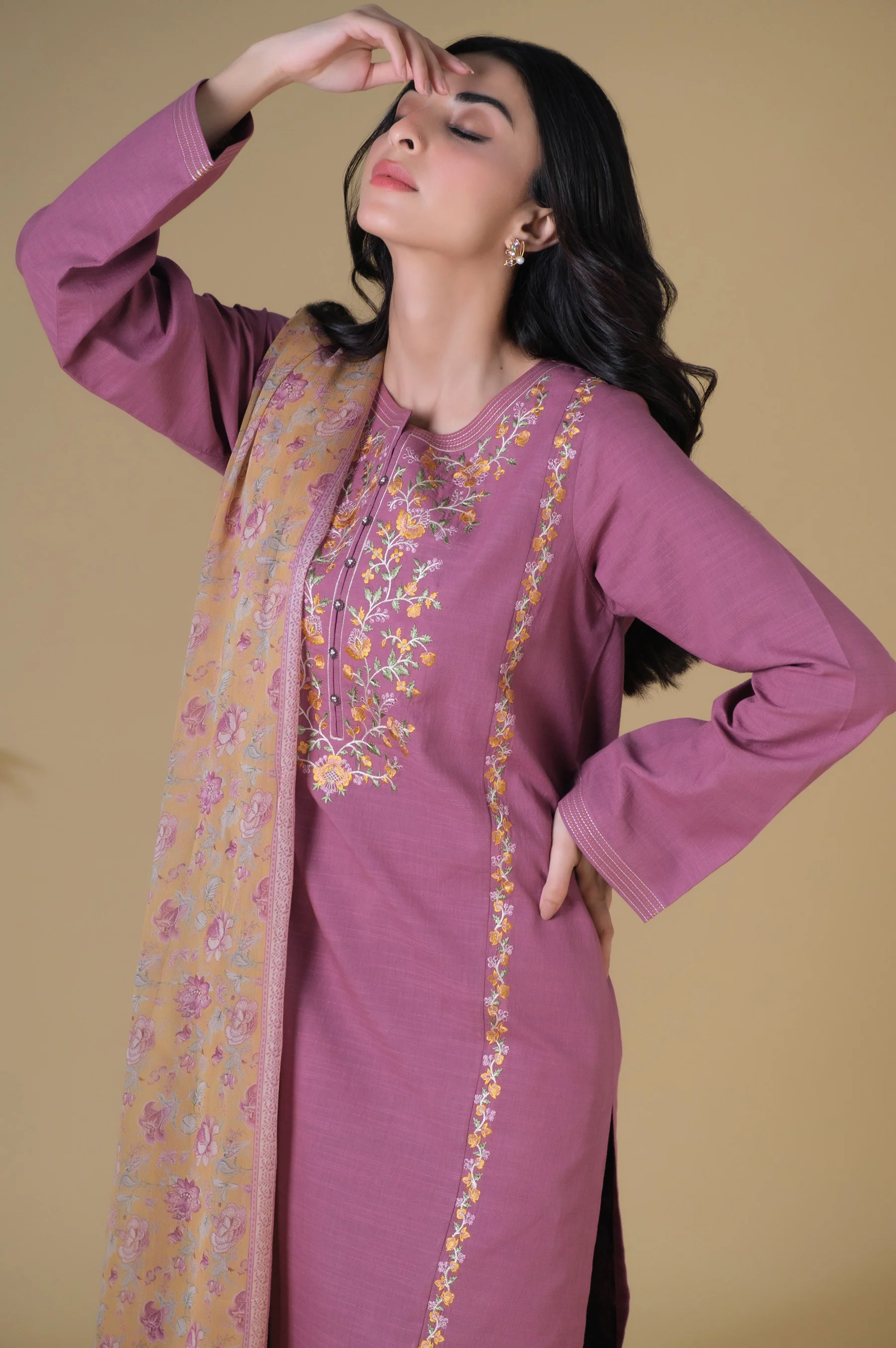 Stitched 3 Piece Embroidered Textured Slub Suit - Image 3