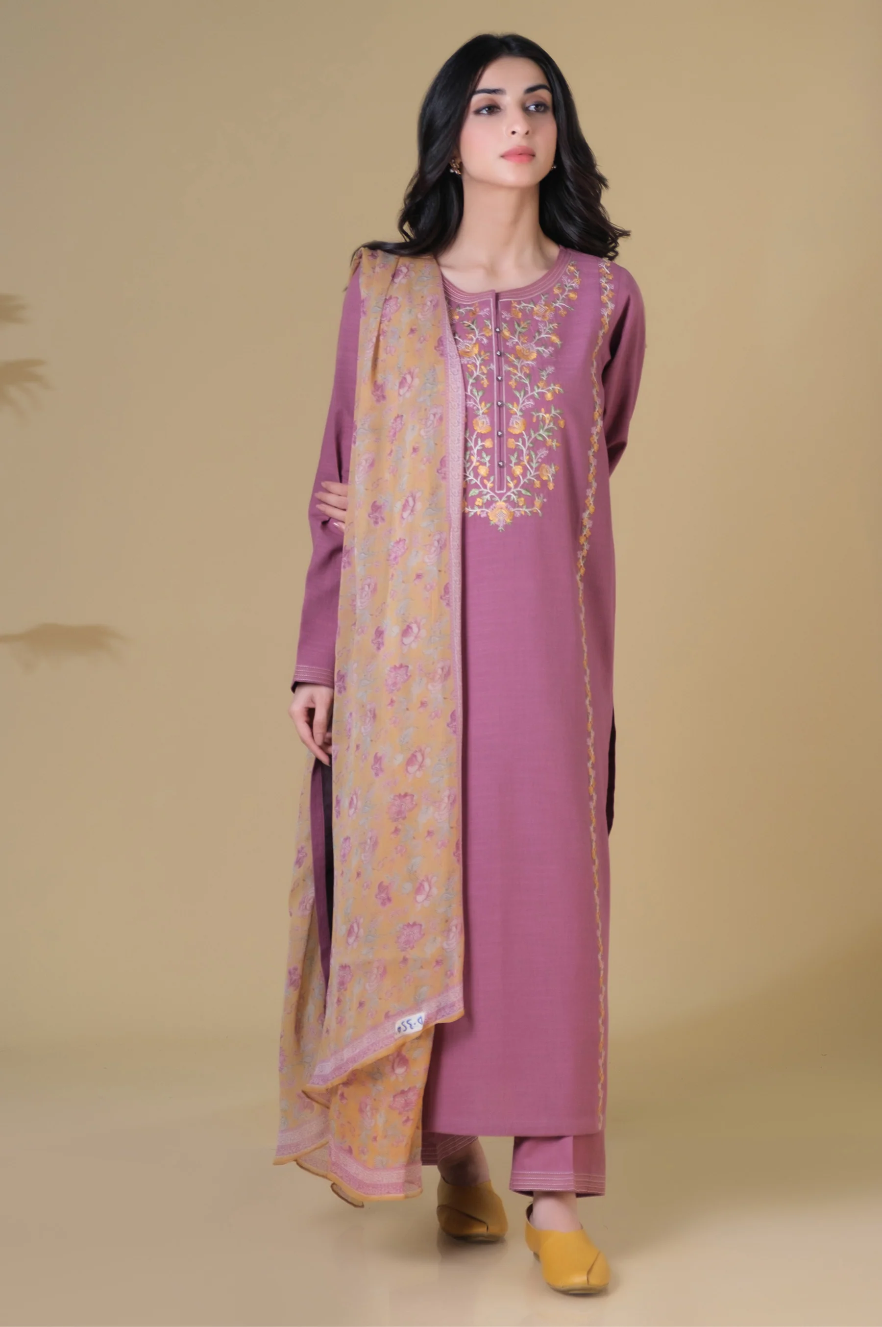 Stitched 3 Piece Embroidered Textured Slub Suit - Image 4