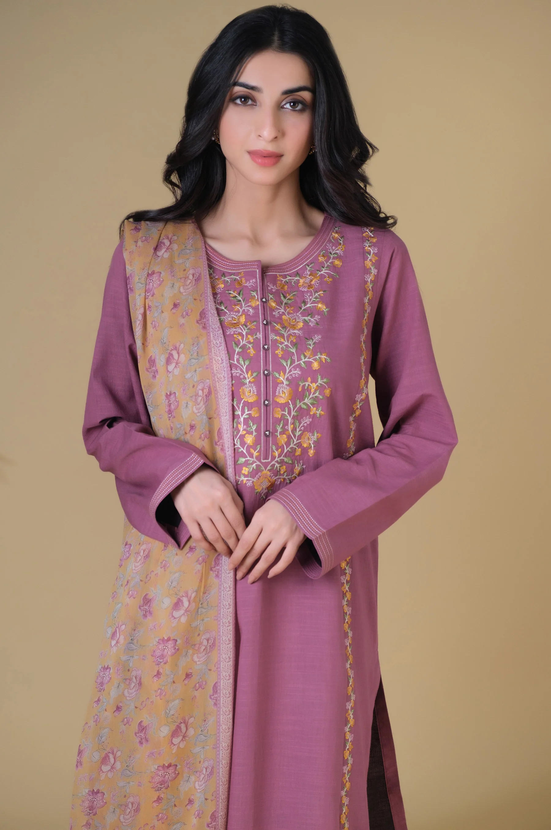 Stitched 3 Piece Embroidered Textured Slub Suit - Image 5