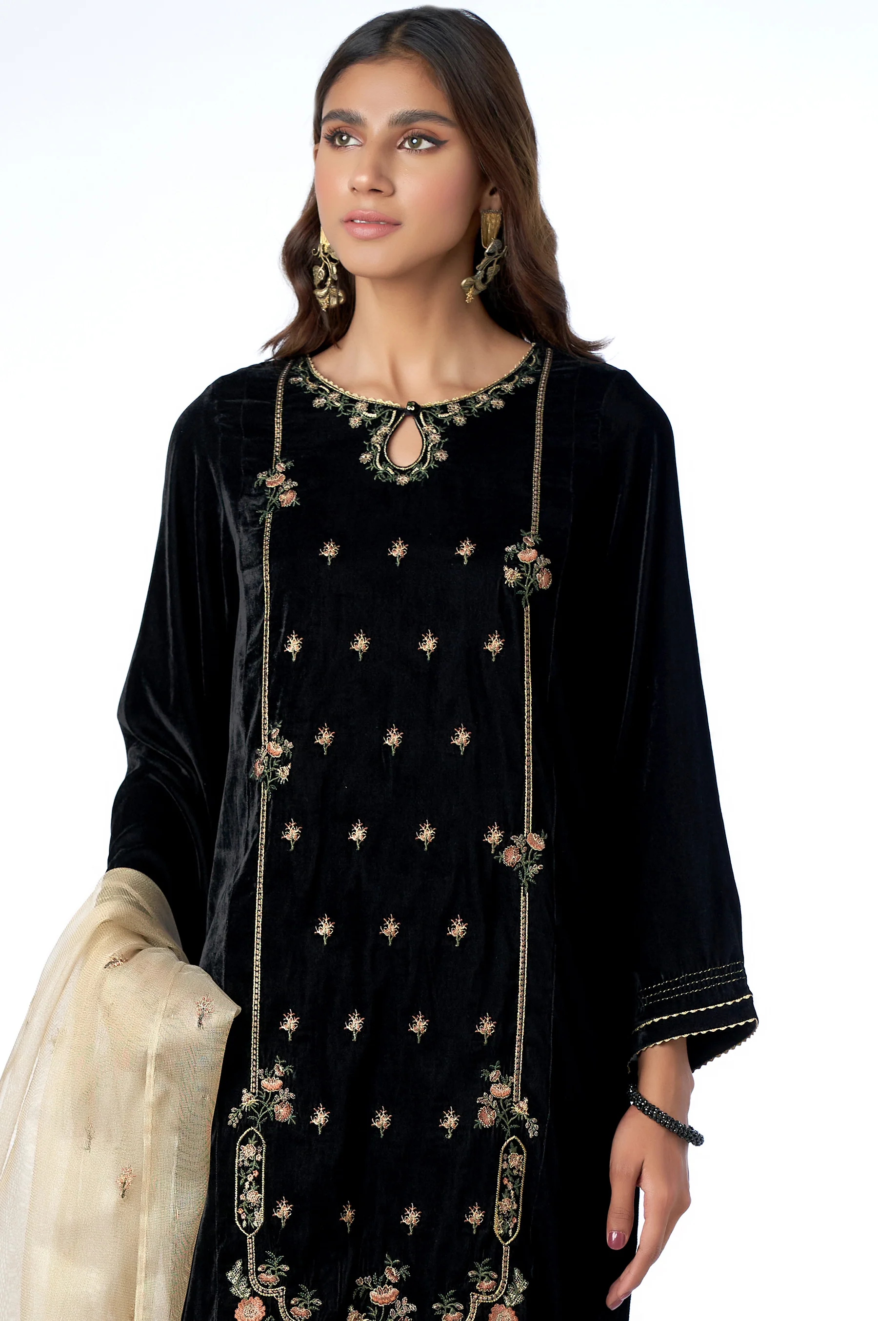 Stitched 3 Piece Velvet Embroidered Suit - Image 3