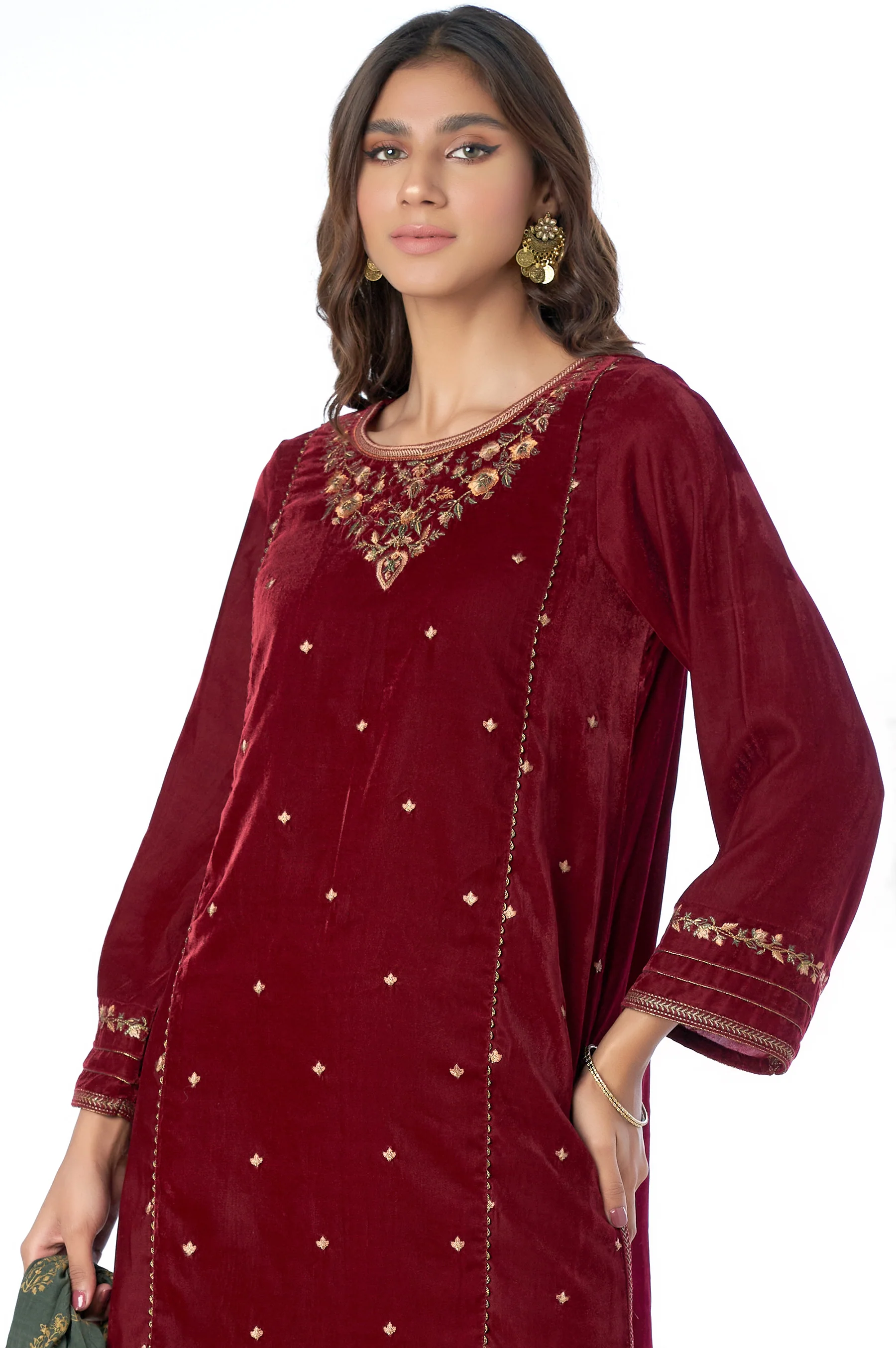 Stitched 3 Piece Velvet Embroidered Suit - Image 3