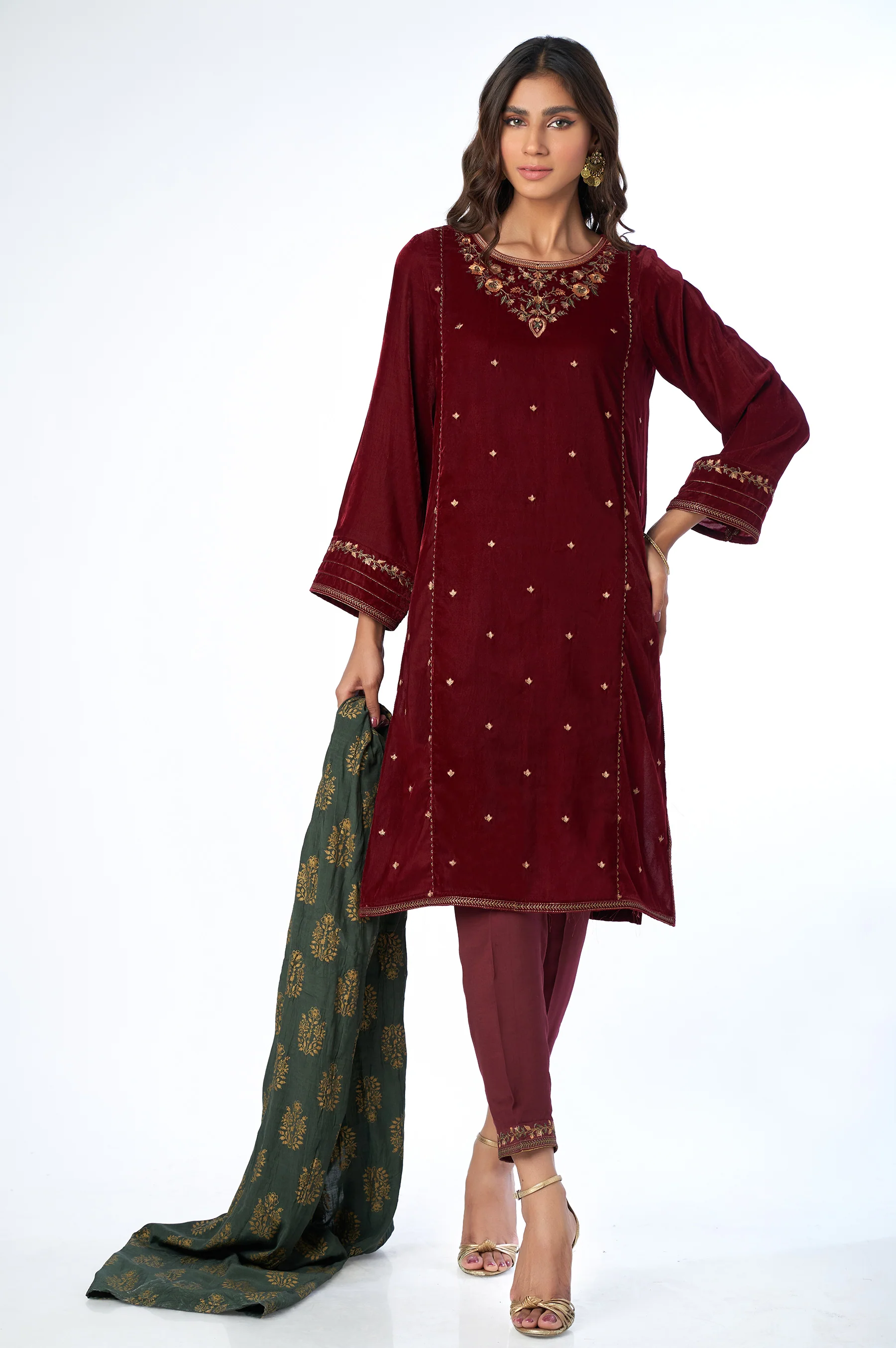 Stitched 3 Piece Velvet Embroidered Suit - Image 4