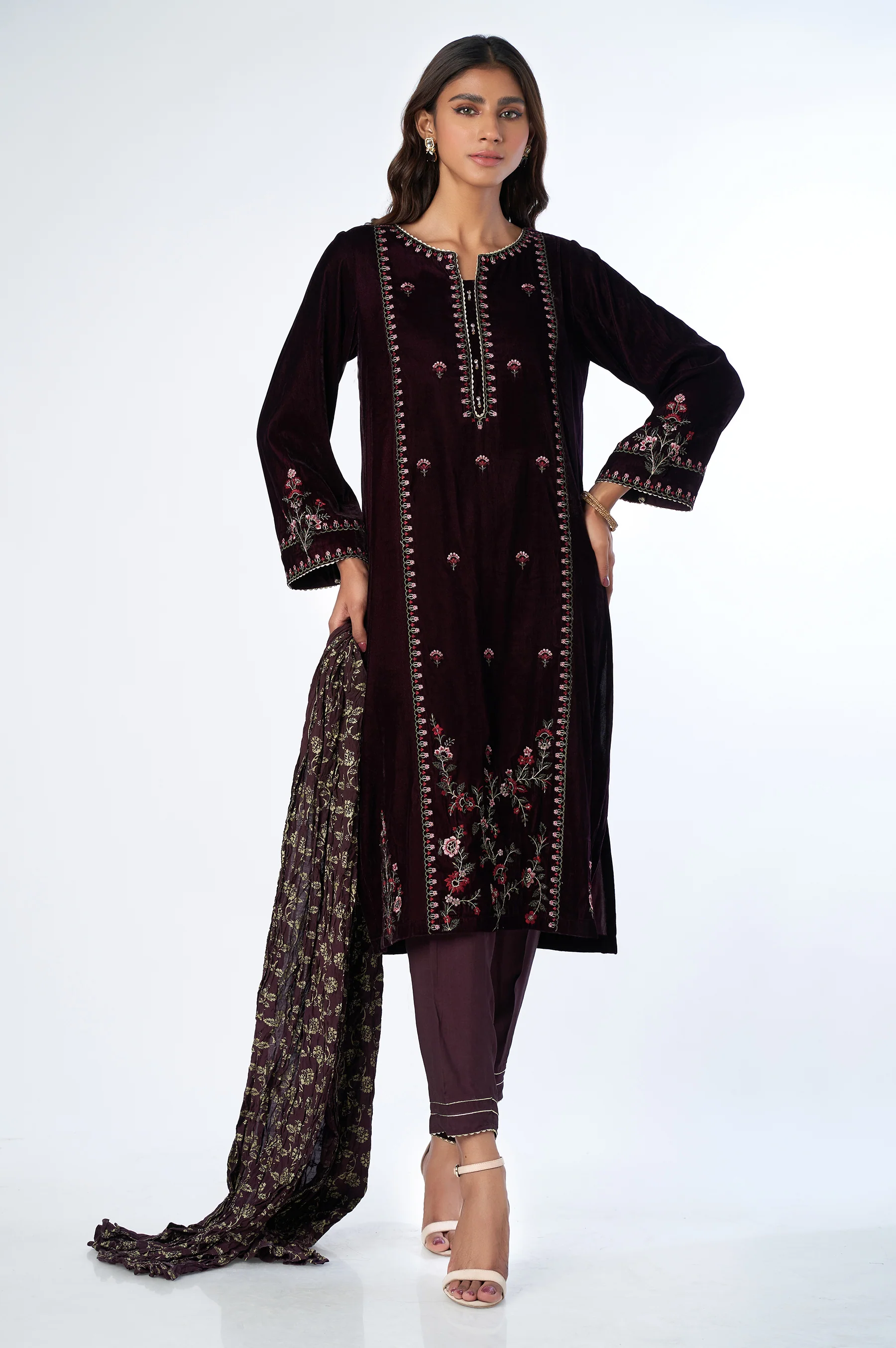 Stitched 3 Piece Velvet Embroidered Suit - Image 4