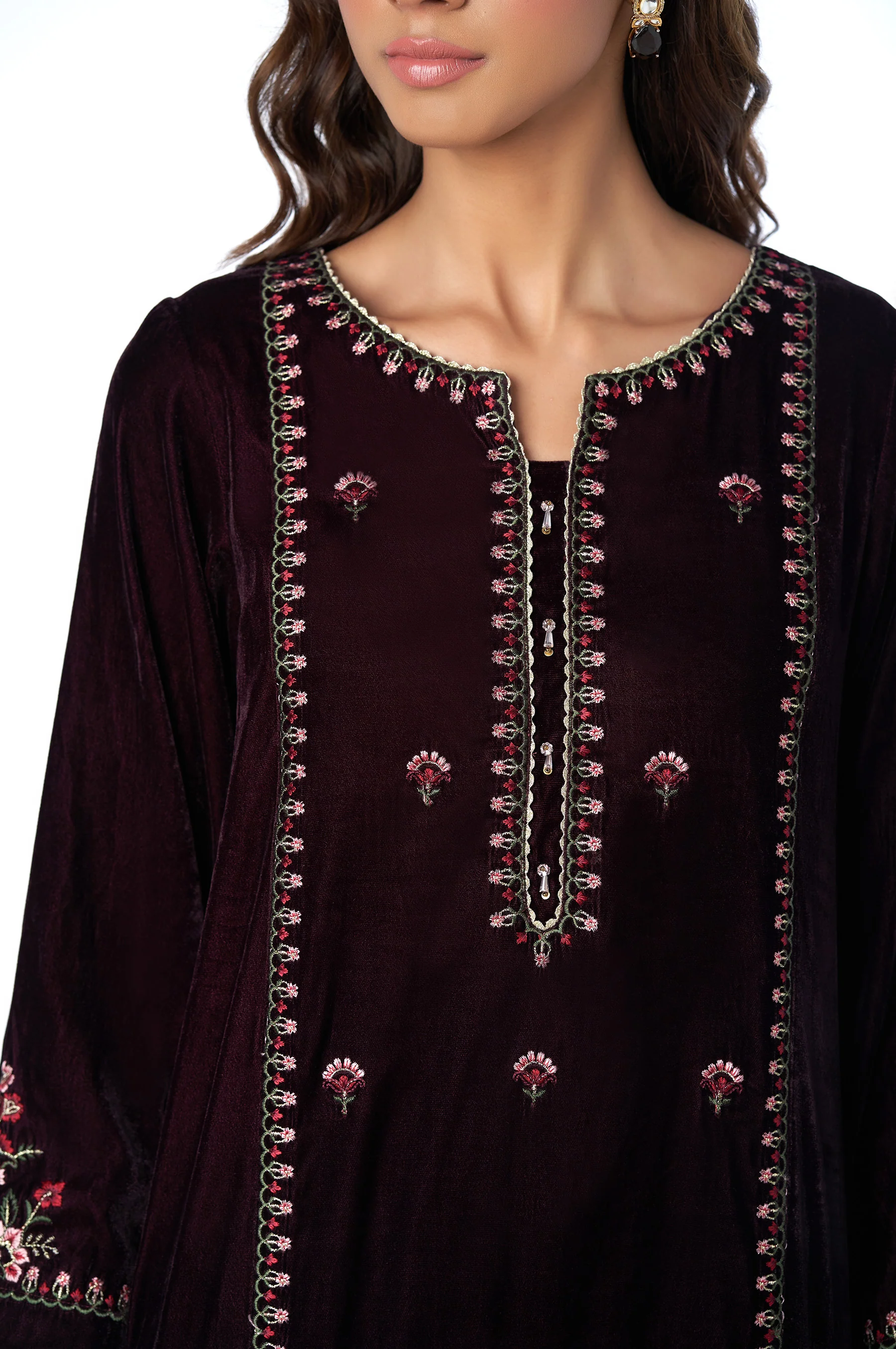 Stitched 3 Piece Velvet Embroidered Suit - Image 5