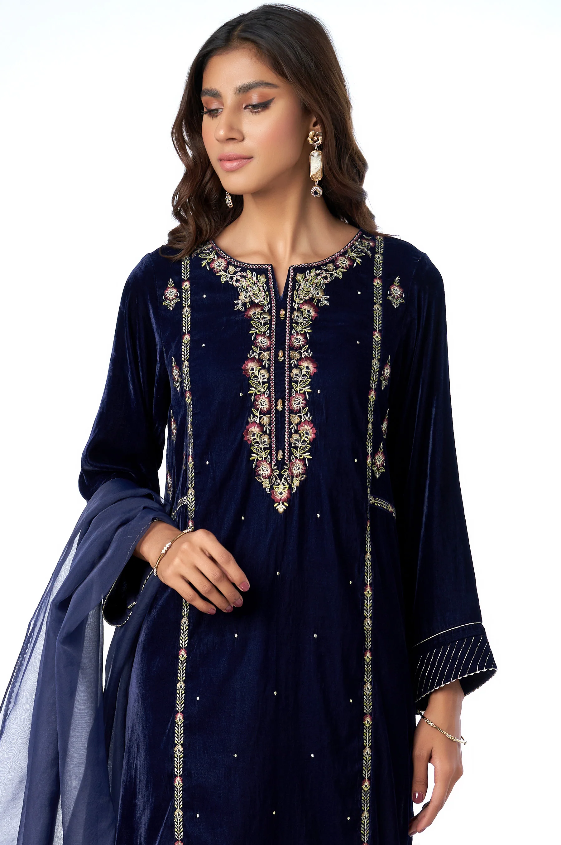 Stitched 3 Piece Velvet Embroidered Suit - Image 3