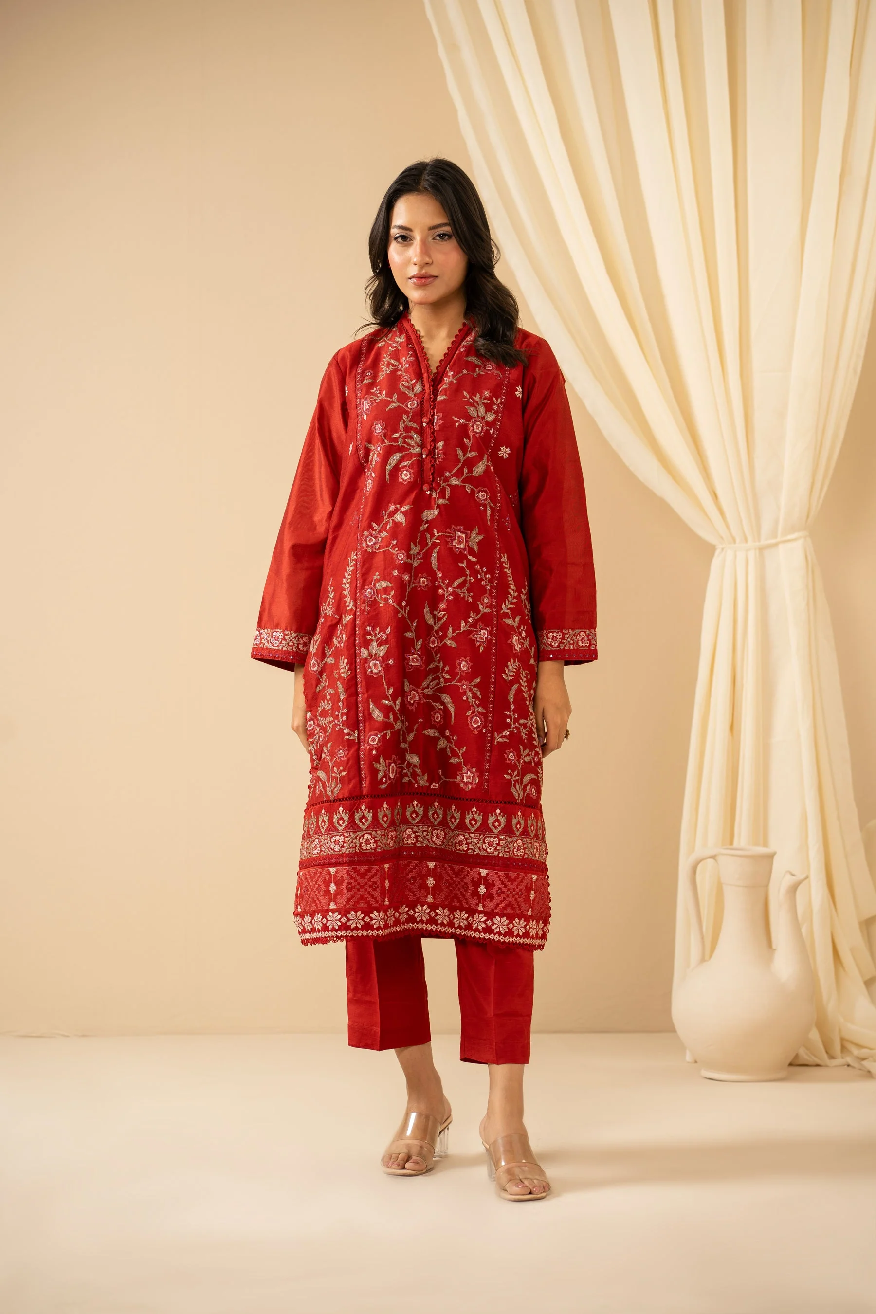 STITCHED EMBROIDERED COTTON NET 3 PIECE SUIT (FACTORY E-OUTLET) - Image 4