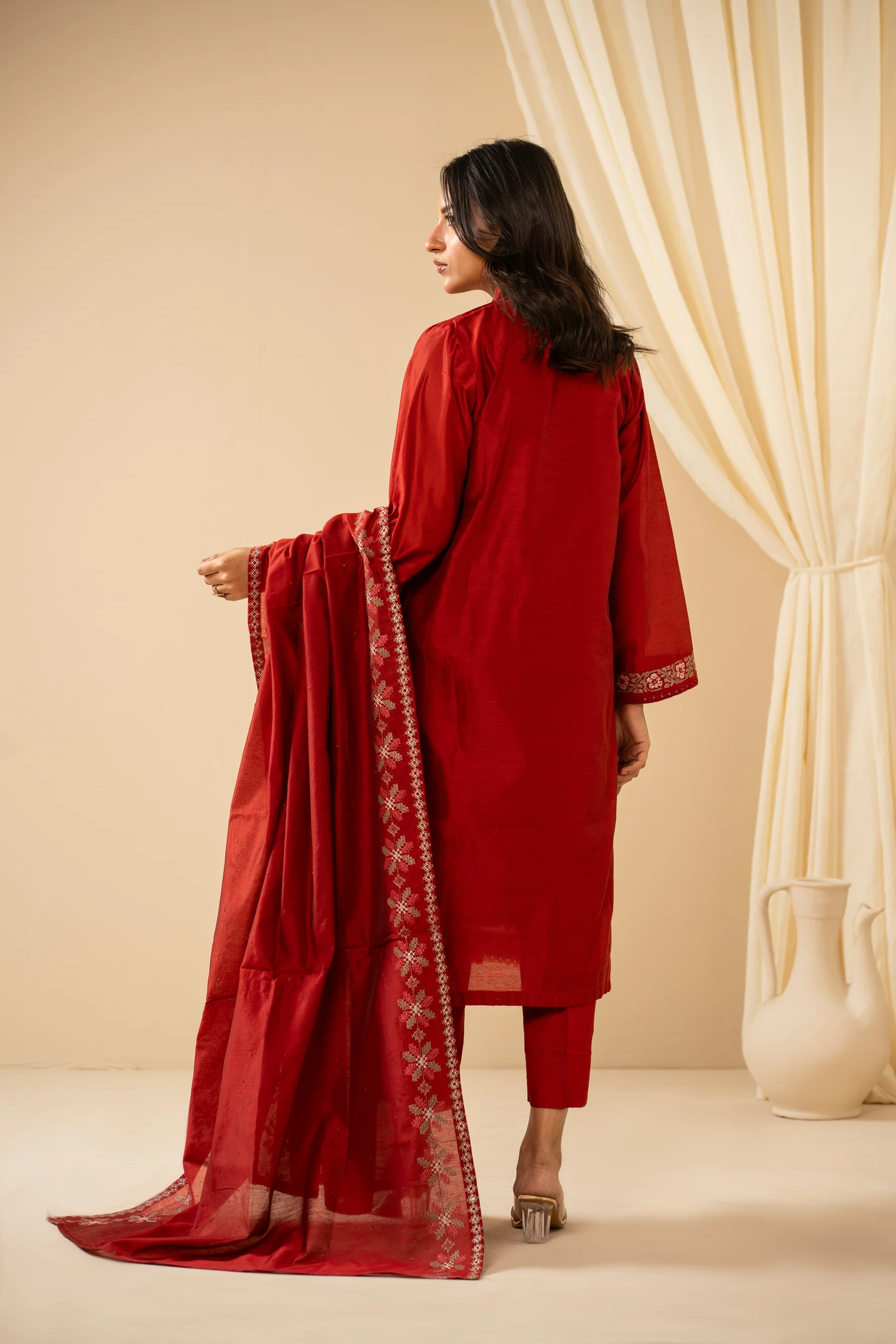 STITCHED EMBROIDERED COTTON NET 3 PIECE SUIT - Image 3