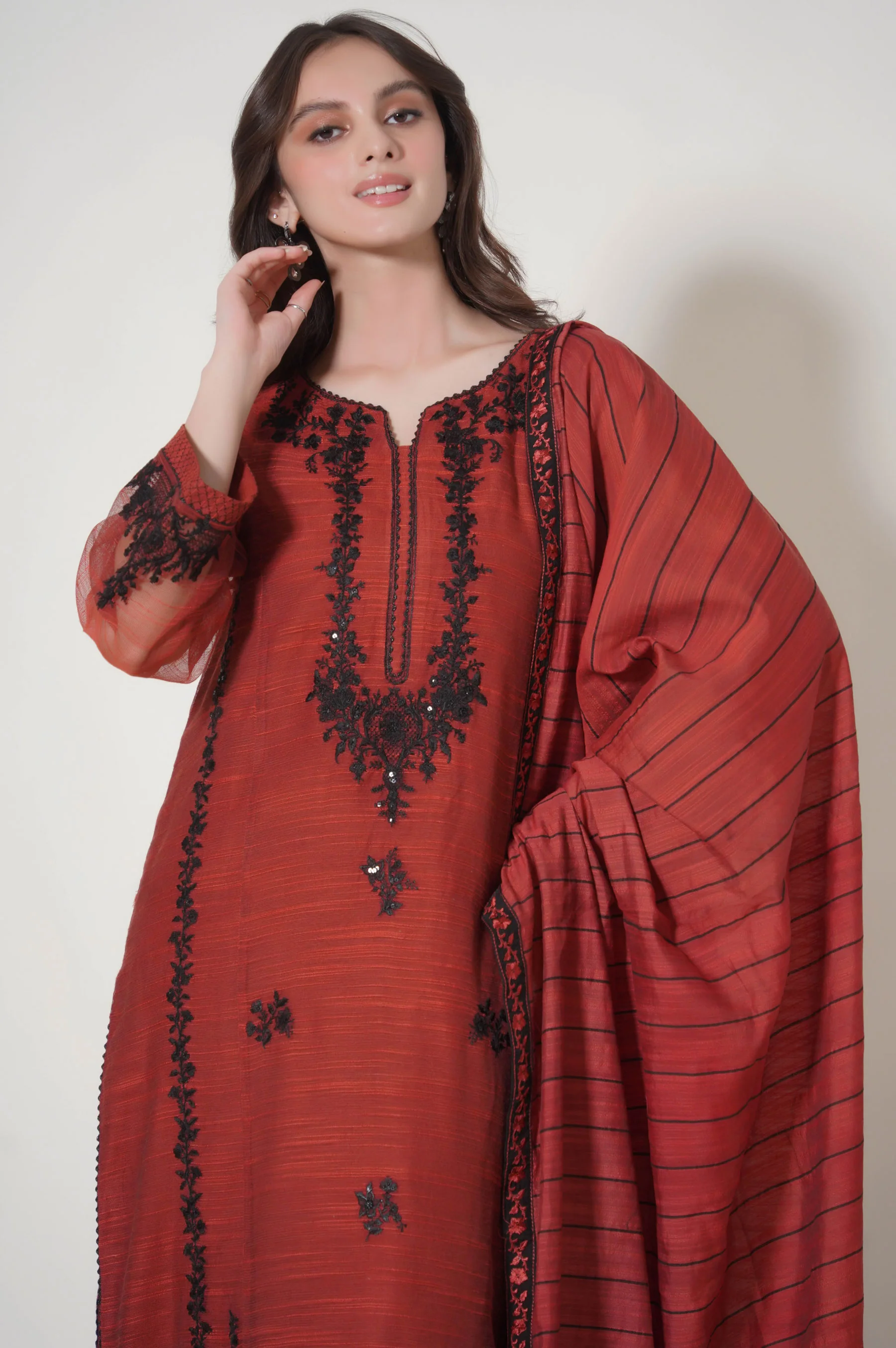 3 Piece Unstitched Embroidered Slub Khaddi Net Suit - Image 2