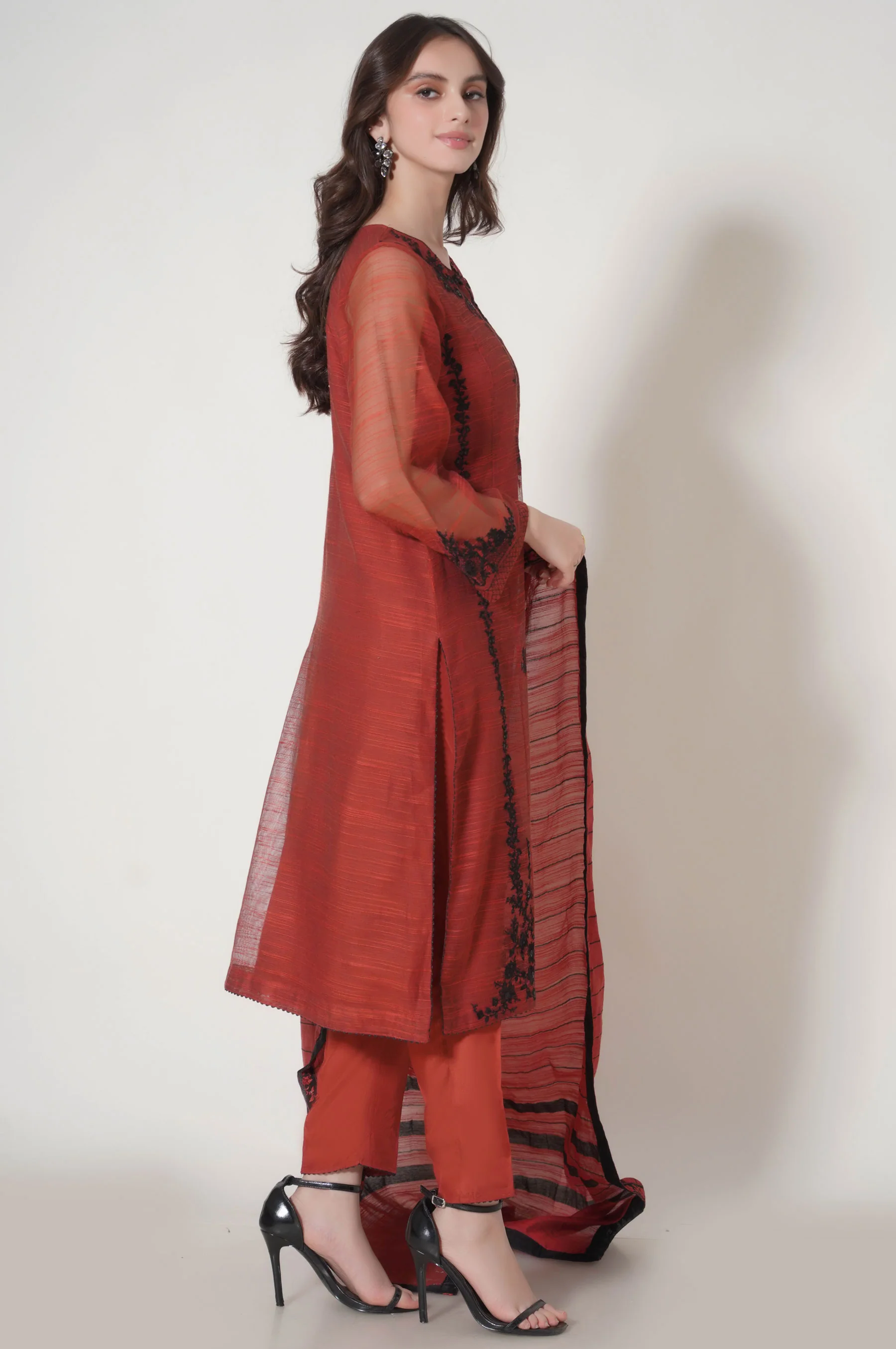 3 Piece Unstitched Embroidered Slub Khaddi Net Suit - Image 3