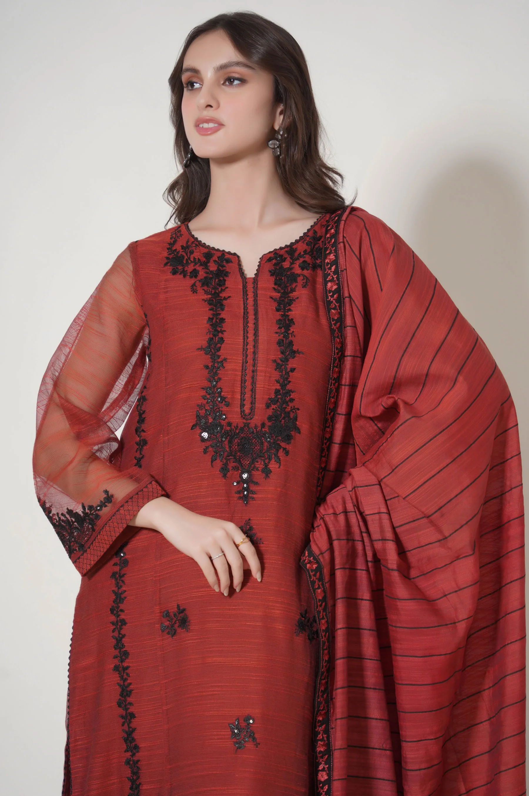 3 Piece Unstitched Embroidered Slub Khaddi Net Suit - Image 4