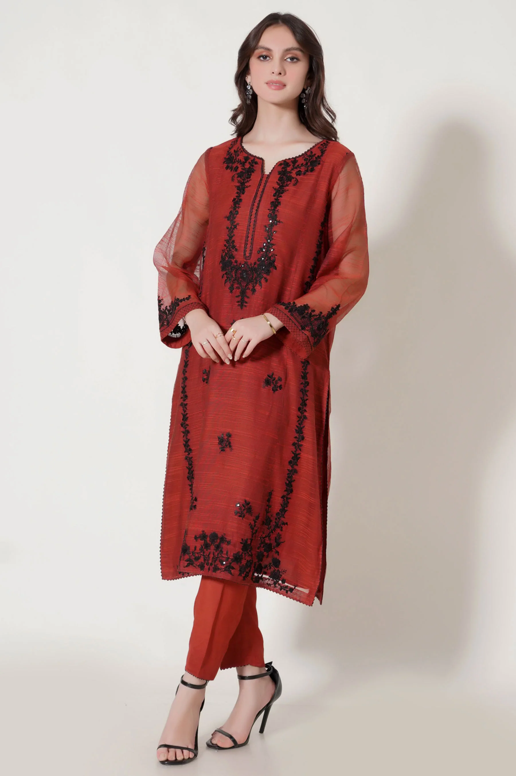 3 Piece Unstitched Embroidered Slub Khaddi Net Suit - Image 6