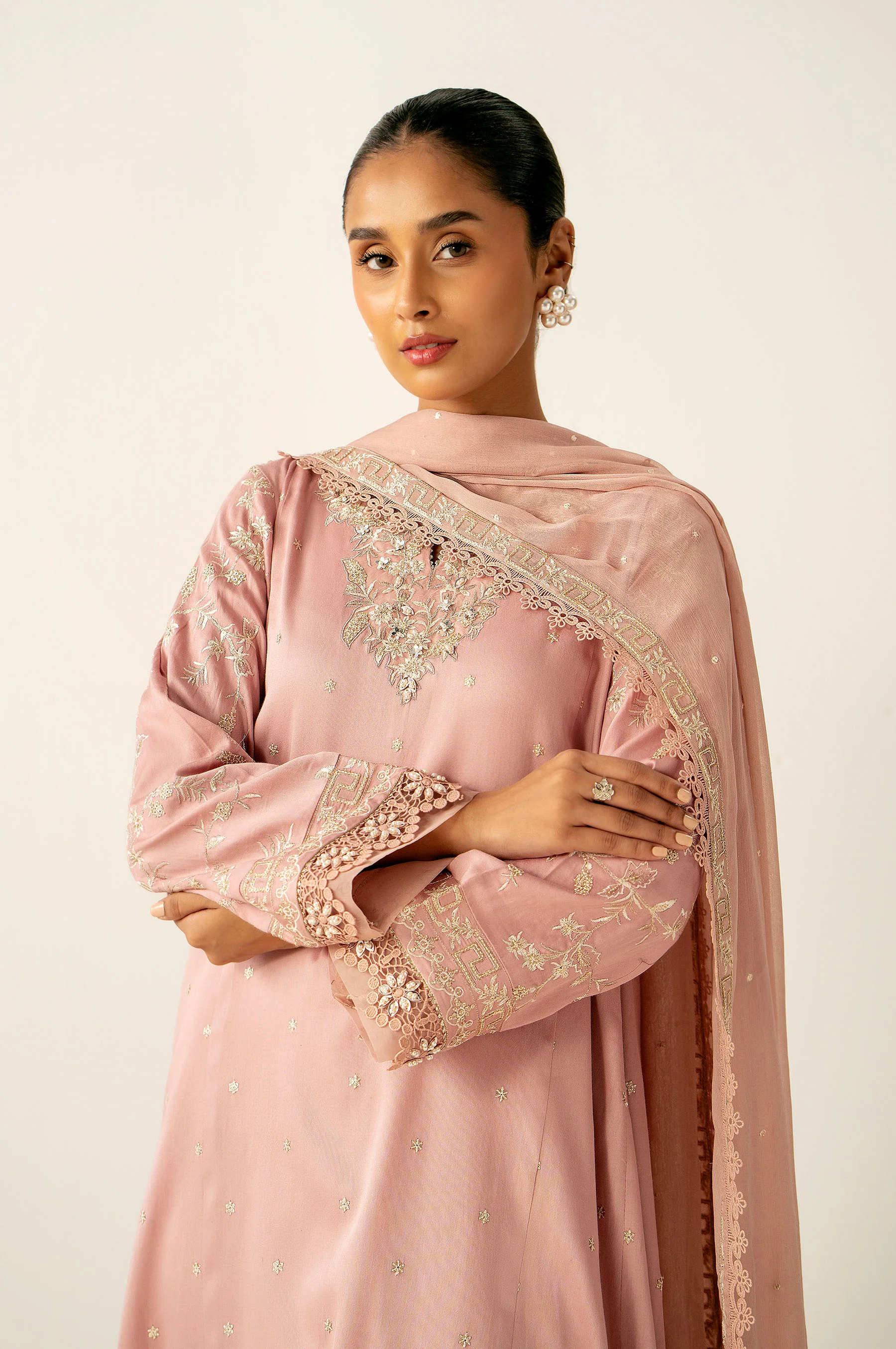 Unstitched 3 Piece Embroidered Cotton Satin Suit - Image 2