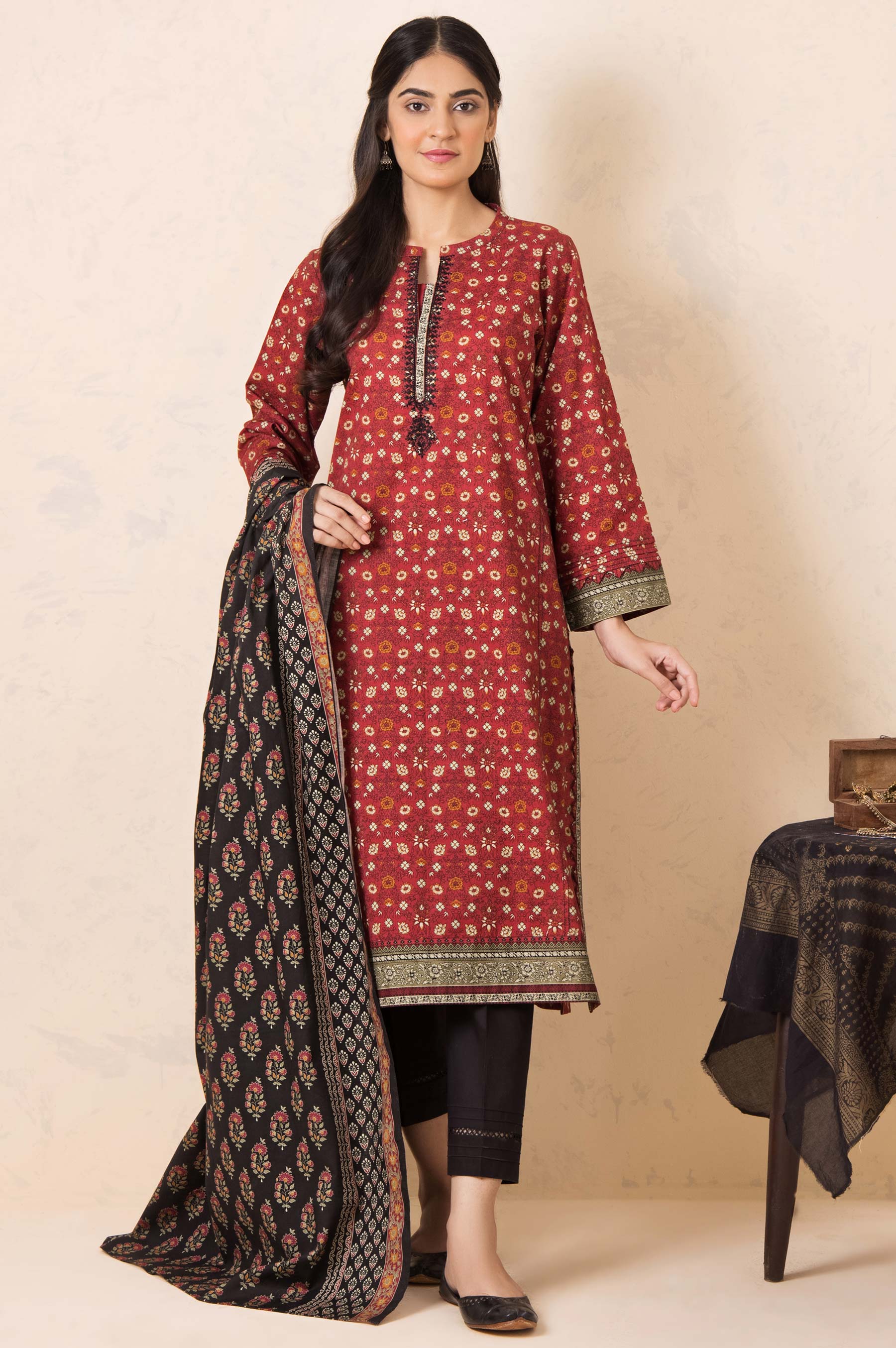 Unstitched 2 Piece Embroidered Khaddar Suit