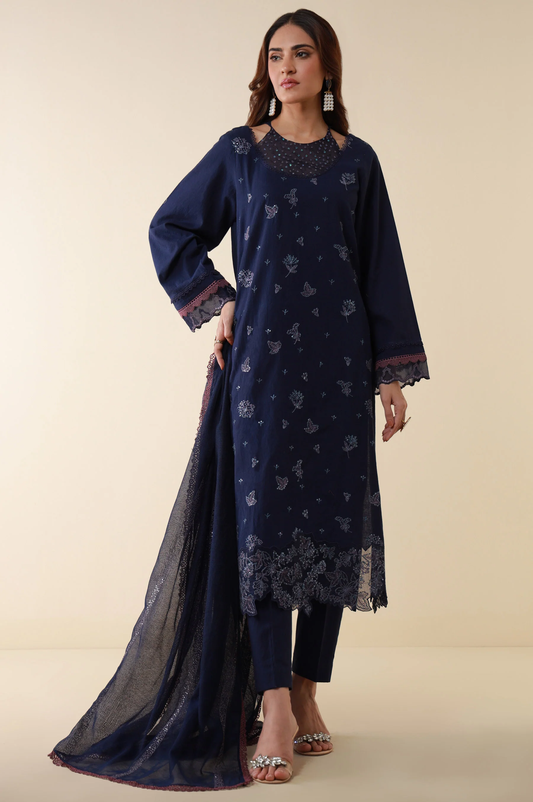 Unstitched 3 Piece Embroidered Cambric Shirt With Viscose Net Dupatta
